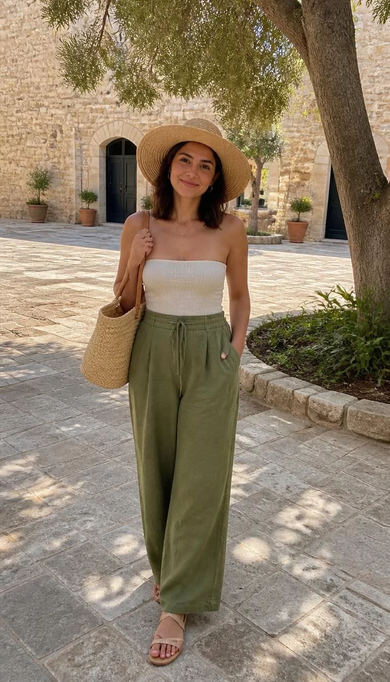 White Strapless Top And Olive-Green Pants A photorealistic full body shot of a 28-year-old Middle Eastern woman with a oval face, fair, straight nose, straight eyebrows, and heart-shaped lips. Her face features slightly crooked smile, a few laugh lines, and subtle natural facial asymmetry. She has upturned dark brown eyes, soft cheekbones, subtle smile, cheerful. She is slim with shoulder-length brown hair hair and is wearing a white strapless top, olive-green linen pants, a straw sun hat, and a straw tote bag, courtyard, no people in the background, high-quality mobile photography, shot on an iPhone 14.