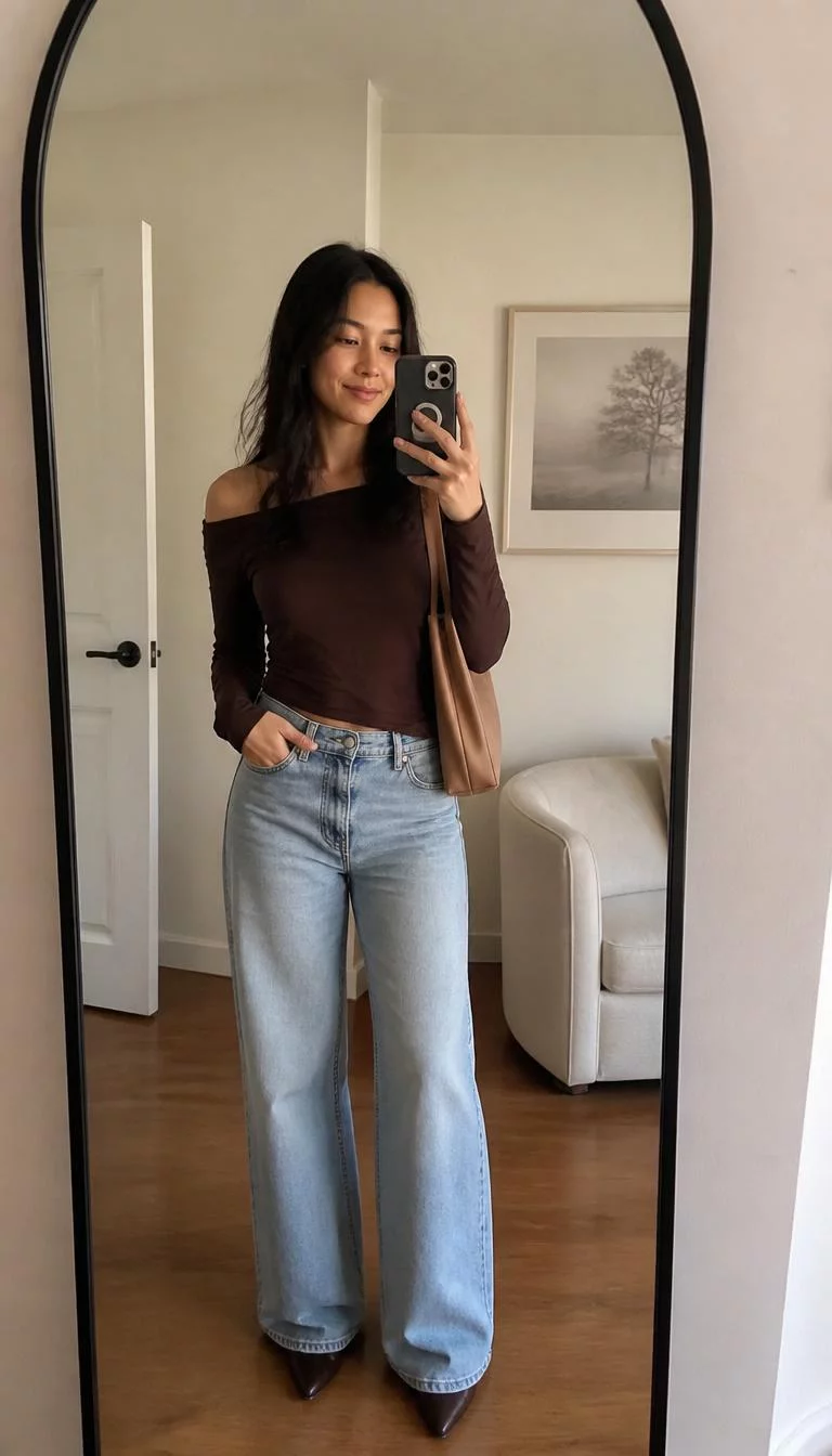 Dark Brown Off The Shoulder Top and Light Wash Wide Leg Jeans A photorealistic full body shot of a 34-year-old Mixed-race woman with a pear-shaped face, fair, straight nose, straight eyebrows, and thin lips. Her face features slightly crooked smile, a few laugh lines, and subtle natural facial asymmetry. She has monolid green eyes, pronounced cheekbones, broad smile, thoughtful. She is slim with dark long hair and is wearing an off-the-shoulder dark brown top, light-wash wide-leg jeans, and a beige shoulder bag, standing inside a room mirroring herself, no people in the background, high-quality mobile photography, shot on an iPhone 14.