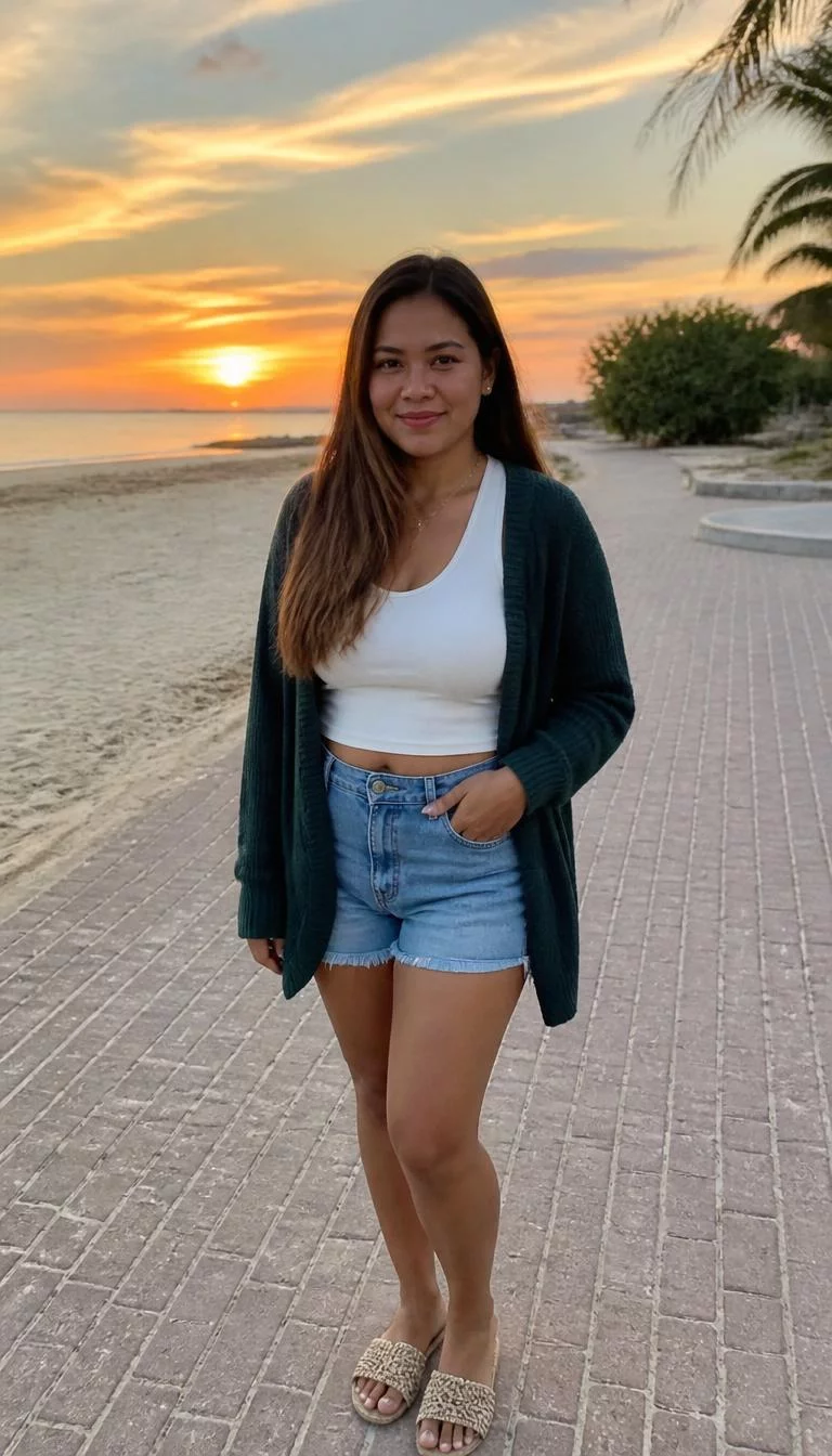 Dark Teal Cardigan and White Tank with Denim Shorts A photorealistic full body shot of a 31-year-old Southeast Asian woman with a oval face, deep brown, rounded nose, feathered eyebrows, and thin lips. Her face features widow's peak hairline, subtle acne marks, and subtle natural facial asymmetry. She has deep-set dark brown eyes, pronounced cheekbones, closed-mouth smile, relaxed. She is curvy build with highlighted brunette long hair and is wearing a dark teal cardigan, white tank, and denim shorts, sandy beach boardwalk at sunset, no people in the background, high-quality mobile photography, shot on an iPhone 14.