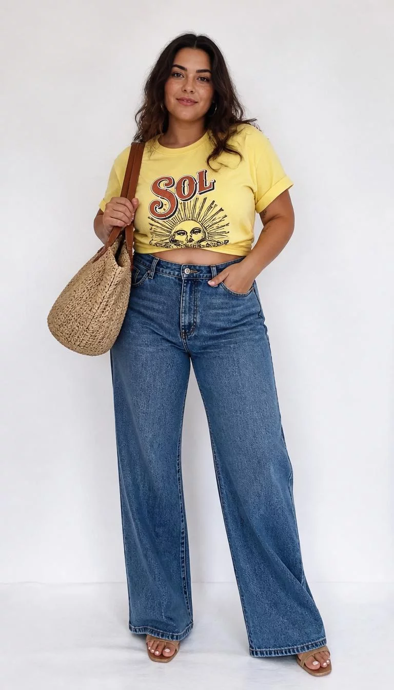 Yellow Sol Graphic Tee and Blue Wide Leg Jeans A photorealistic full body shot of a 28-year-old Middle Eastern woman with a pear-shaped face, golden brown, rounded nose, feathered eyebrows, and wide lips. Her face features beauty mark near the lip, subtle acne marks, and subtle natural facial asymmetry. She has upturned blue eyes, soft cheekbones, subtle smile, confident. She is curvy build with brown hair and is wearing a yellow graphic Sol t-shirt, blue wide-leg jeans, and a straw tote bag, beach-inspired fashion ensemble on white background, no people in the background, high-quality mobile photography, shot on an iPhone 14.