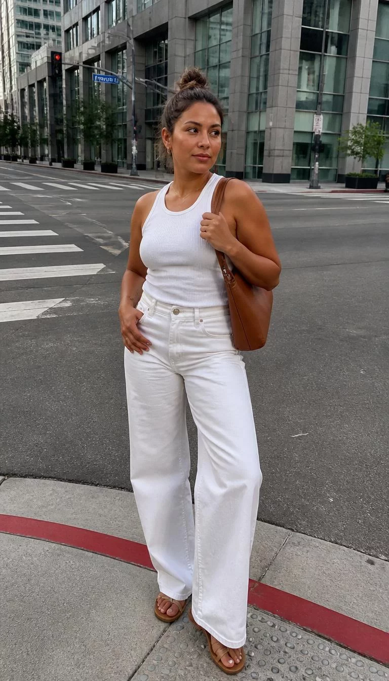 White Rib Knit Tank and White Wide Leg Jeans A photorealistic full body shot of a 36-year-old Latina woman with a pear-shaped face, tan, broad nose, thick natural eyebrows, and heart-shaped lips. Her face features widow's peak hairline, subtle acne marks, and subtle natural facial asymmetry. She has round dark brown eyes, high cheekbones, subtle smile, thoughtful. She is athletic build with brunette hair in a messy bun hair and is wearing a white rib-knit tank top, white wide-leg jeans, and a brown leather bag, busy city intersection, no people in the background, high-quality mobile photography, shot on an iPhone 14.