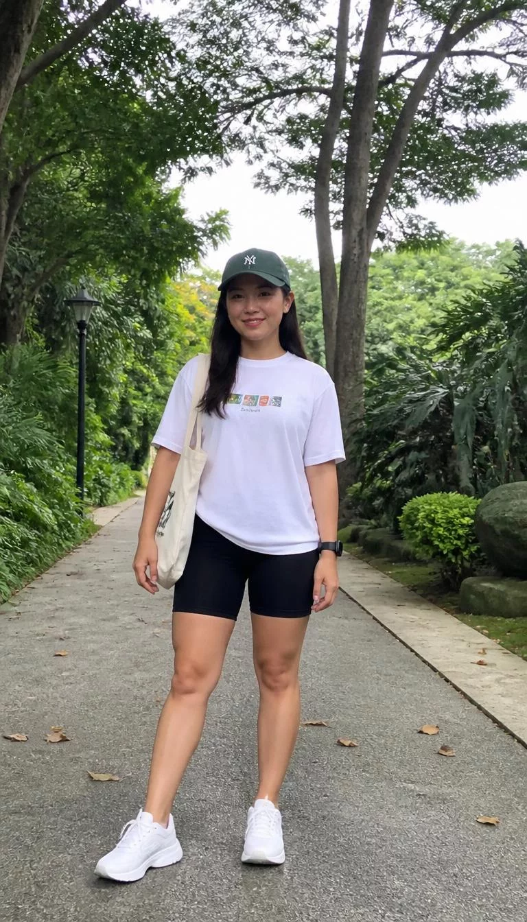 White Graphic Tee and Black Biker Shorts with a Baseball Cap A photorealistic full body shot of a 37-year-old East Asian woman with a round face, deep brown, narrow nose, straight eyebrows, and full lips. Her face features beauty mark near the lip, faint under-eye shadows, and subtle natural facial asymmetry. She has hooded hazel eyes, high cheekbones, closed-mouth smile, cheerful. She is athletic build with dark hair and is wearing a dark green baseball cap, a white graphic t-shirt, and black biker shorts with white sneakers, lush city park, no people in the background, high-quality mobile photography, shot on an iPhone 14.