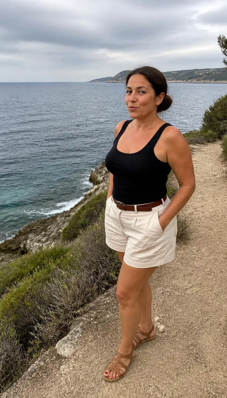 Black Tank Top and Cream Shorts with a Belt A photorealistic full body shot of a 47-year-old Mediterranean woman with a round face, golden brown, button nose, thick natural eyebrows, and thin lips. Her face features faint freckles across the nose, slightly flushed cheeks, and subtle natural facial asymmetry. She has upturned green eyes, rounded cheeks, neutral expression, playful. She is average build with brunette hair in a low bun hair and is wearing a black tank top, cream shorts, and a brown leather belt, coastal path by the sea, no people in the background, high-quality mobile photography, shot on an iPhone 14.