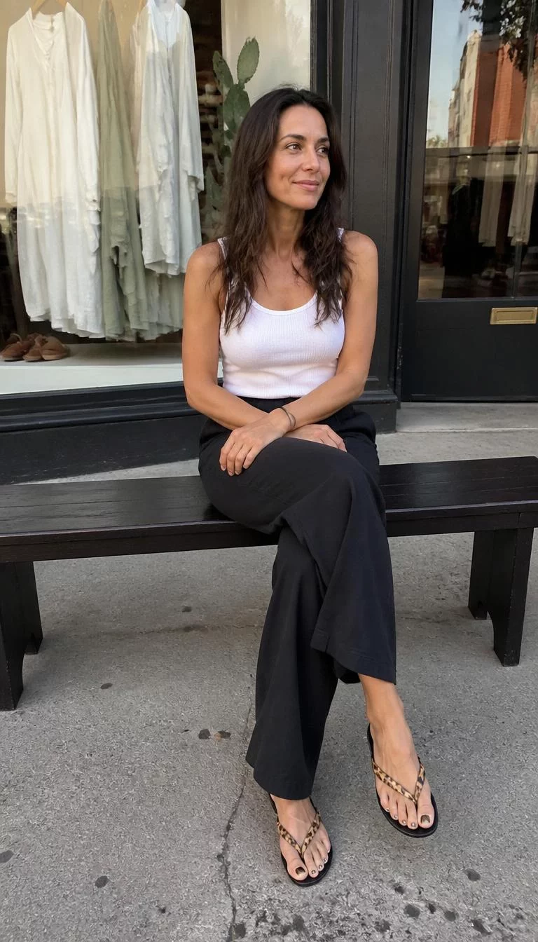 White Tank Top and Dark Trousers with Leopard Print Flip Flops A photorealistic full body shot of a 40-year-old Mediterranean woman with a heart-shaped face, fair, straight nose, feathered eyebrows, and wide lips. Her face features dimples, subtle acne marks, and subtle natural facial asymmetry. She has almond-shaped green eyes, high cheekbones, closed-mouth smile, thoughtful. She is petite with brunette long loose hair and is wearing a white tank top, dark trousers, and leopard-print flip-flops, sitting on a bench outside a boutique in a city setting, no people in the background, high-quality mobile photography, shot on an iPhone 14.