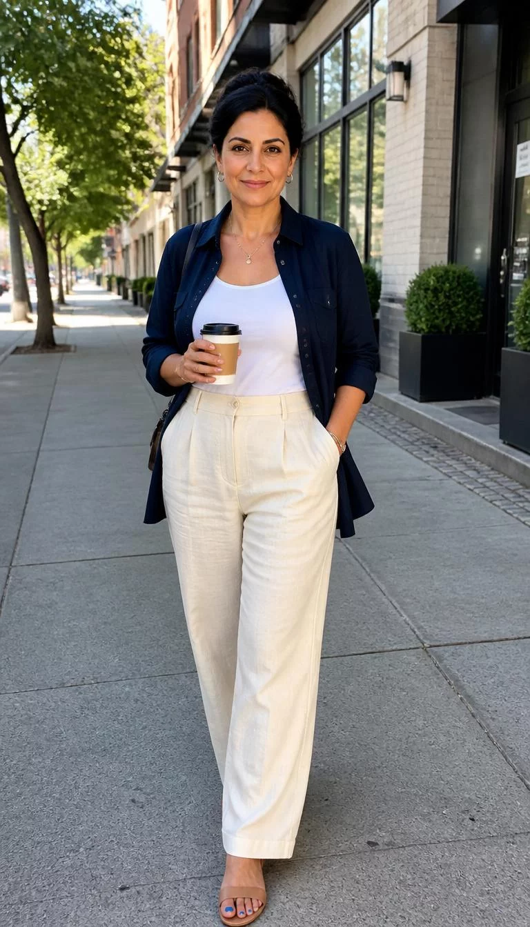 Dark Navy Button Down and White Tank with Cream Linen Trousers A photorealistic full body shot of a 45-year-old Middle Eastern woman with a heart-shaped face, golden brown, broad nose, feathered eyebrows, and heart-shaped lips. Her face features dimples, visible pores, and subtle natural facial asymmetry. She has almond-shaped blue eyes, soft cheekbones, closed-mouth smile, relaxed. She is athletic build with dark hair in an updo hair and is wearing a dark navy button-down shirt, a white tank, and cream linen trousers, holding a coffee on a sunny city sidewalk, no people in the background, high-quality mobile photography, shot on an iPhone 14.
