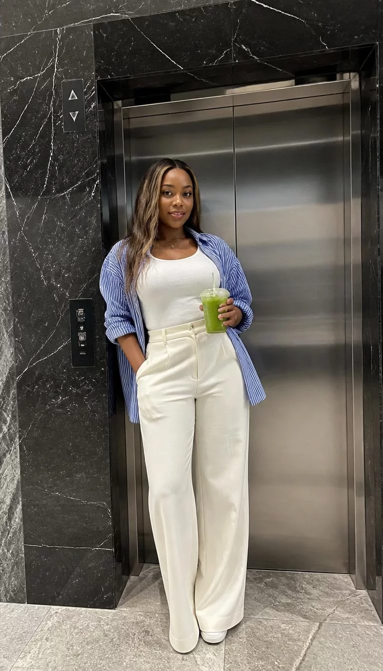 Blue Striped Shirt and White Tank with Cream Trousers A photorealistic full body shot of a 32-year-old Black African woman with a round face, light, straight nose, thick natural eyebrows, and heart-shaped lips. Her face features slightly crooked smile, subtle acne marks, and subtle natural facial asymmetry. She has monolid hazel eyes, high cheekbones, closed-mouth smile, confident. She is athletic build with highlighted brown hair and is wearing a white tank top, cream wide-leg trousers, and an unbuttoned blue striped shirt, holding a green juice drink by an elevator, no people in the background, high-quality mobile photography, shot on an iPhone 14.