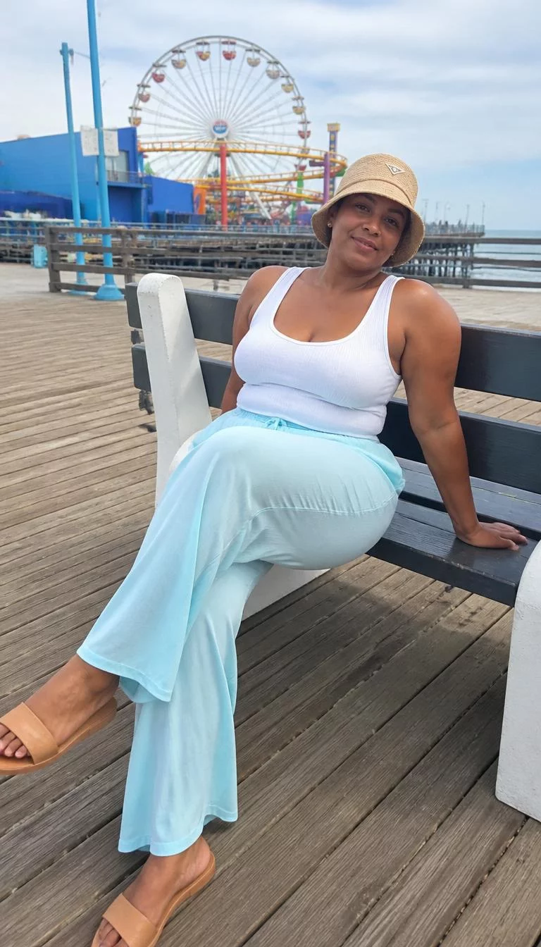 White Tank Top and Light Blue Flowy Trousers with a Straw Hat A photorealistic full body shot of a 36-year-old Black African woman with a heart-shaped face, fair, straight nose, feathered eyebrows, and thin lips. Her face features dimples, visible pores, and subtle natural facial asymmetry. She has hooded hazel eyes, rounded cheeks, neutral expression, playful. She is curvy build with brunette hair tucked under a straw bucket hat hair and is wearing a white tank top and light blue flowy trousers, sitting on a bench at a coastal amusement park, no people in the background, high-quality mobile photography, shot on an iPhone 14.