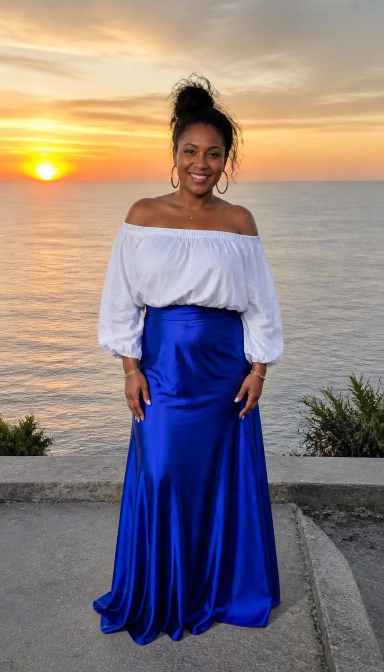 Off Shoulder Blouse and Royal Blue Satin Skirt A photorealistic full body shot of a 39-year-old Afro-Caribbean woman with a square face, light, upturned nose, feathered eyebrows, and heart-shaped lips. Her face features dimples, a few laugh lines, and subtle natural facial asymmetry. She has round dark brown eyes, pronounced cheekbones, broad smile, cheerful. She is average build with dark hair in a messy bun and is wearing an off-shoulder white blouse and a vibrant royal blue satin maxi skirt, standing on a ledge overlooking the ocean at sunset, no people in the background, high-quality mobile photography, shot on an iPhone 14.