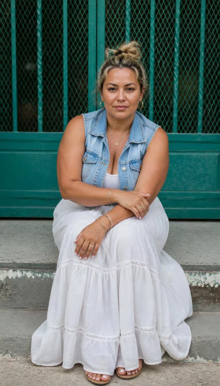 Light Blue Denim Vest and White Tiered Maxi Skirt A photorealistic full body shot of a 41-year-old Latina woman with a square face, light, broad nose, thin arched eyebrows, and full lips. Her face features widow's peak hairline, a few laugh lines, and subtle natural facial asymmetry. She has deep-set amber eyes, rounded cheeks, neutral expression, confident. She is curvy build with blonde hair in a messy bun and is wearing a light blue denim vest and a long white tiered maxi skirt, sitting on a step in front of a teal gate, no people in the background, high-quality mobile photography, shot on an iPhone 14.