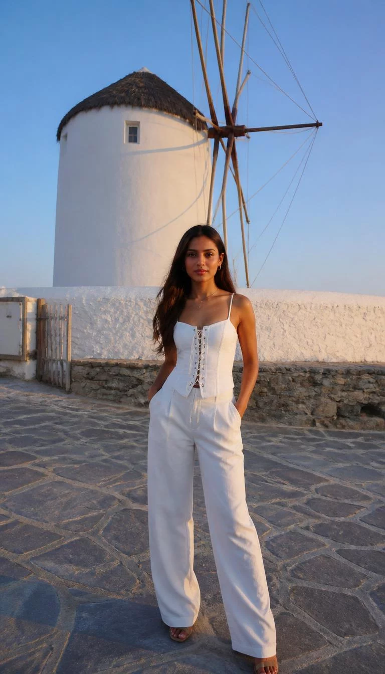 White Lace-Up Corset and Wide Leg Trousers A photorealistic full body shot of a 26-year-old South Asian woman with a oval face, golden brown, button nose, straight eyebrows, and thin lips. Her face features uneven eyebrows, subtle acne marks, and subtle natural facial asymmetry. She has deep-set amber eyes, high cheekbones, neutral expression, thoughtful. She is athletic build with long brown hair and is wearing a white lace-up corset top and wide-leg white trousers, in front of a traditional iconic white windmill, no people in the background, high-quality mobile photography, shot on an iPhone 14.