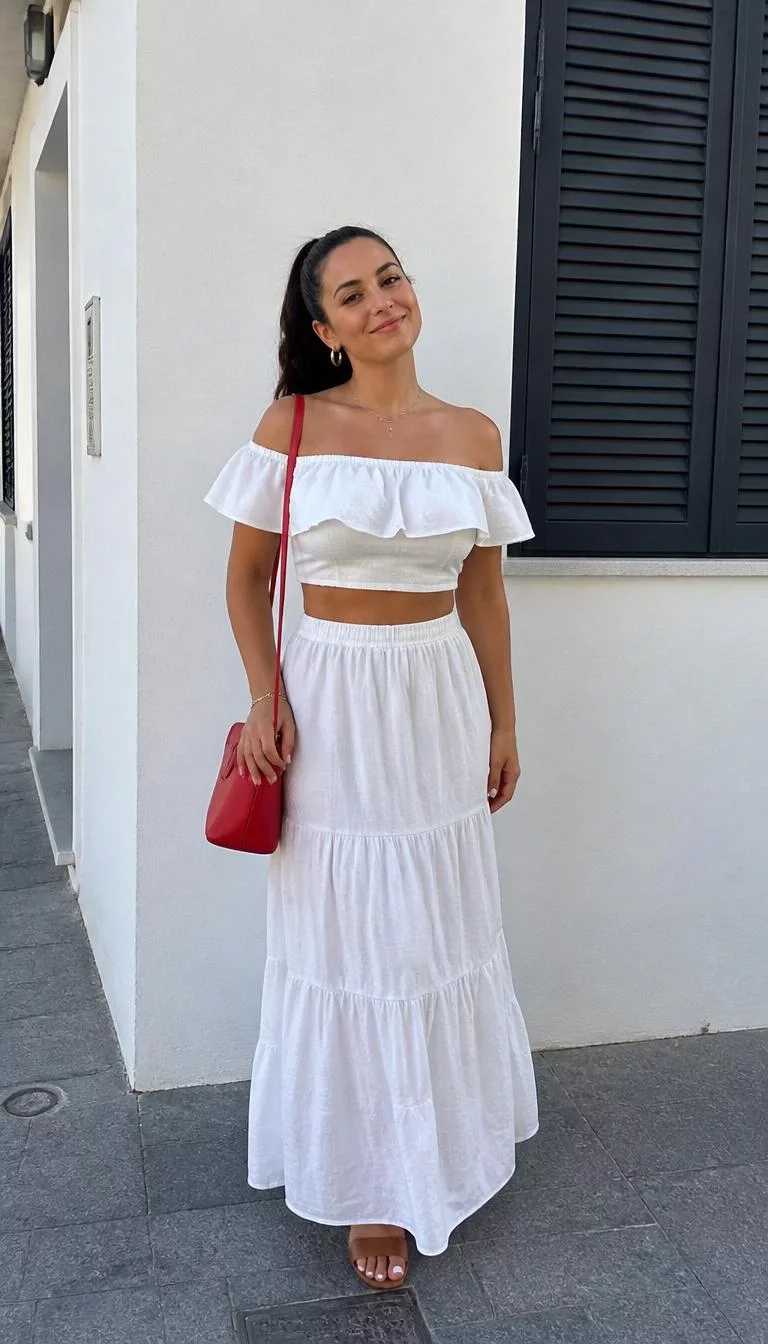 Ruffle Crop Top and Tiered Maxi Skirt A photorealistic full body shot of a 23-year-old Southern European woman with a oval face, fair, straight nose, thin arched eyebrows, and thin lips. Her face features small scar on the eyebrow, slightly flushed cheeks, and subtle natural facial asymmetry. She has almond-shaped brown eyes, high cheekbones, broad smile, playful. She is curvy build with dark hair in a high ponytail and is wearing a white off-the-shoulder ruffle crop top and a matching white tiered maxi skirt, holding a red handbag by a white building, no people in the background, high-quality mobile photography, shot on an iPhone 14.