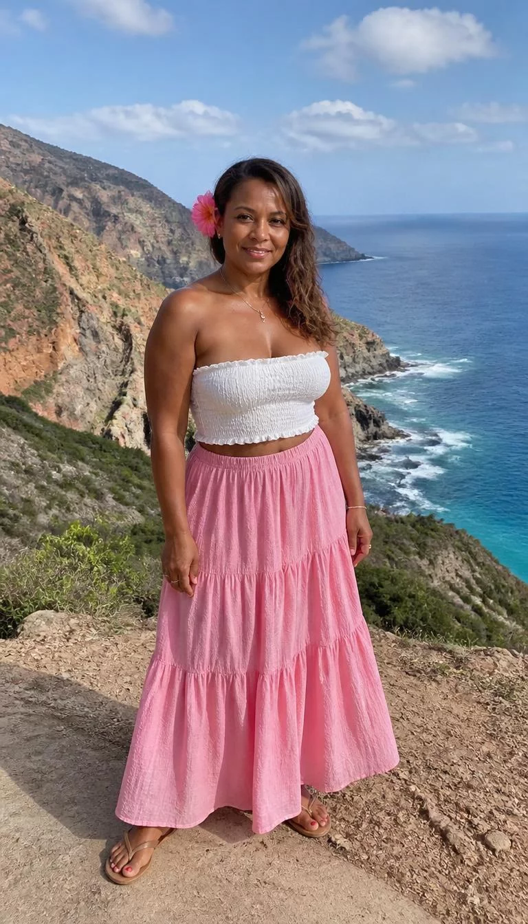 Smocked Crop Top and Pink Tiered Skirt A photorealistic full body shot of a 42-year-old Black African woman with a oval face, tan, button nose, thick natural eyebrows, and heart-shaped lips. Her face features dimples, slightly flushed cheeks, and subtle natural facial asymmetry. She has almond-shaped gray eyes, high cheekbones, closed-mouth smile, thoughtful. She is athletic build with naturally wavy brunette hair styled with a pink hibiscus flower and is wearing a white smocked crop top and a tiered pink maxi skirt, cliffside scenic view, no people in the background, high-quality mobile photography, shot on an iPhone 14.