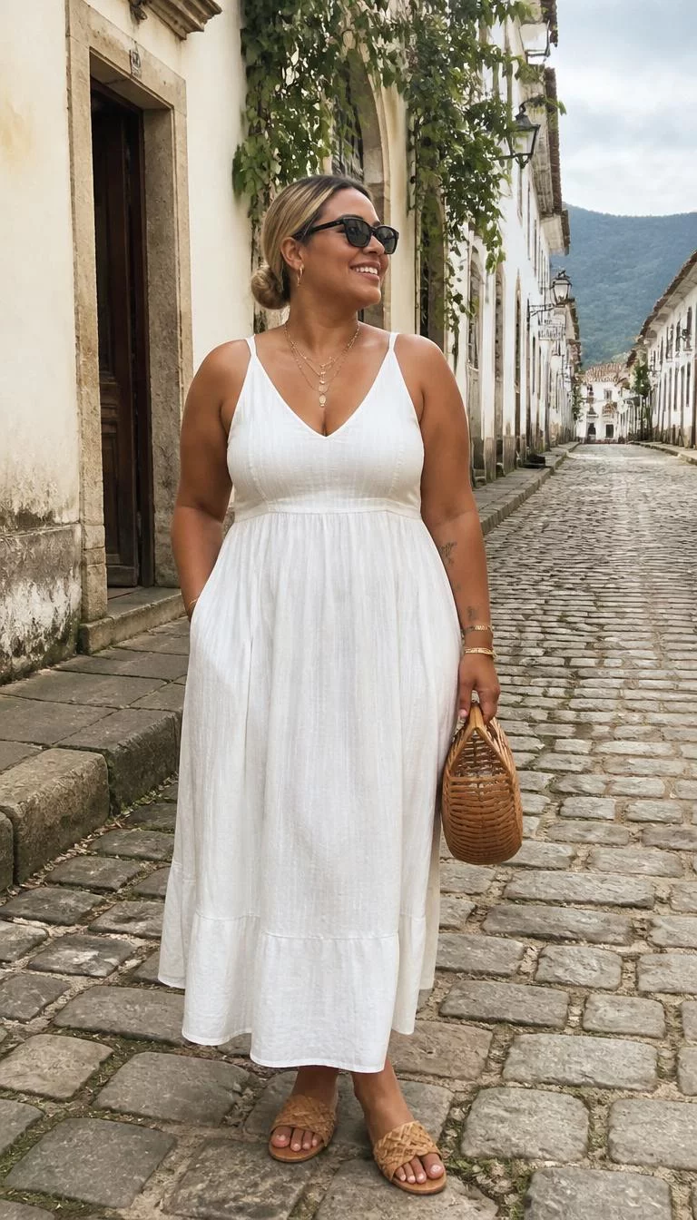 White Midi Dress And Wooden Basket Bag A photorealistic full body shot of a 34-year-old South Asian woman with a diamond face, tan, rounded nose, feathered eyebrows, and full lips. Her face features small scar on the eyebrow, subtle acne marks, and subtle natural facial asymmetry. She has upturned green eyes, rounded cheeks, broad smile, cheerful. She is curvy build with blonde hair in a low bun and is wearing a white midi dress, layered necklaces, black sunglasses, a wooden basket bag, and tan woven slide sandals, on a historic street, no people in the background, high-quality mobile photography, shot on an iPhone 14.