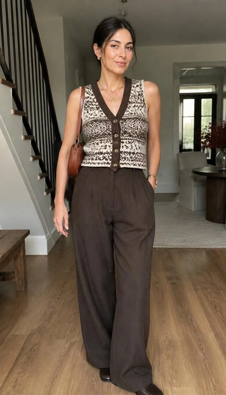 Patterned Knit Vest And Brown Trousers A photorealistic full body shot of a 38-year-old Mediterranean woman with a oval face, olive, button nose, softly curved eyebrows, and full lips. Her face features beauty mark near the lip, a few laugh lines, and subtle natural facial asymmetry. She has monolid gray eyes, rounded cheeks, closed-mouth smile, confident. She is slim with dark brown hair in a messy bun and is wearing a patterned knit vest, wide-leg brown trousers, and a brown shoulder bag, inside a house, no people in the background, high-quality mobile photography, shot on an iPhone 14.