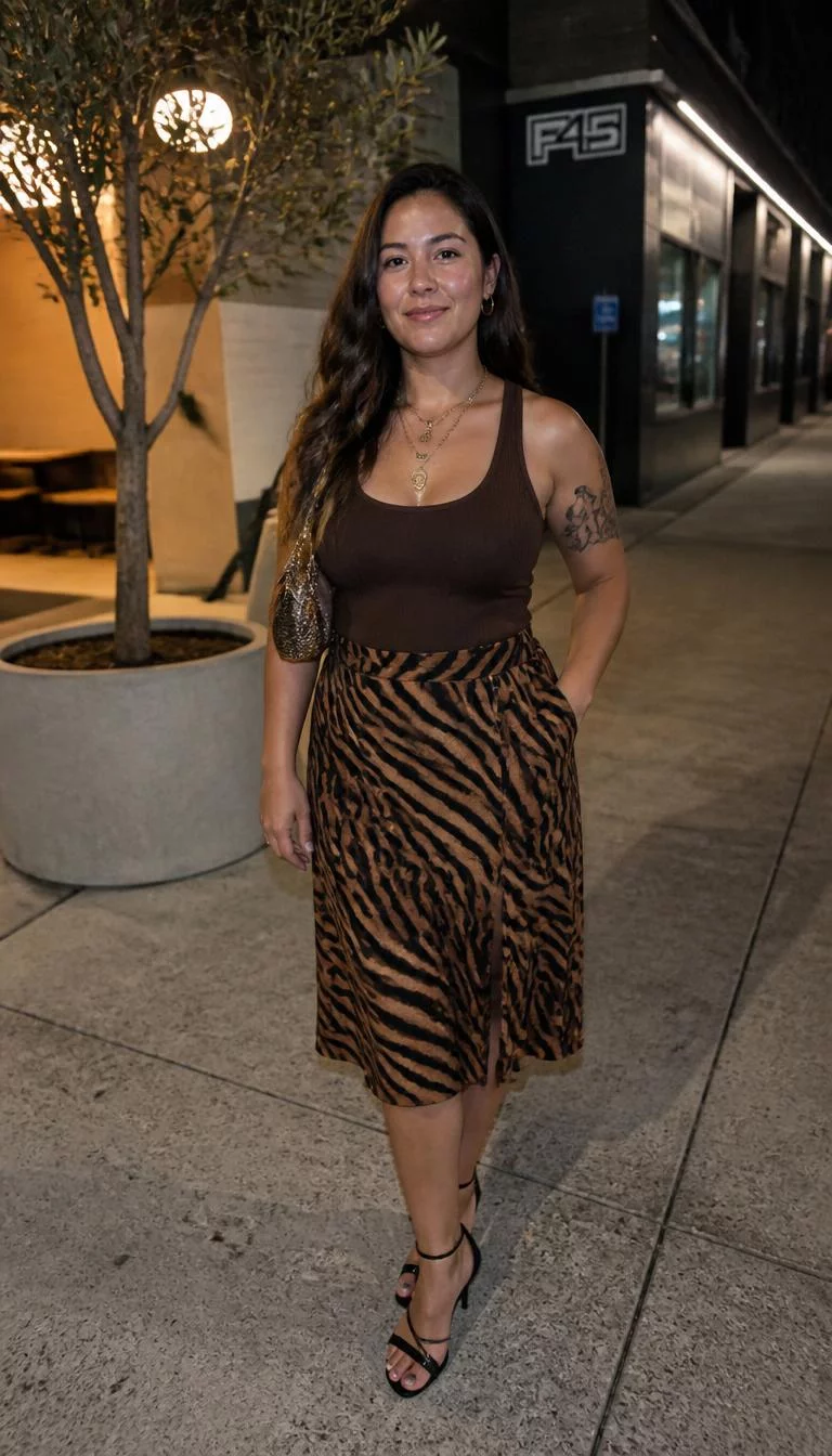 Brown Tank Top And Tiger Print Midi Skirt A photorealistic full body shot of a 33-year-old Latina woman with a pear-shaped face, olive, upturned nose, thick natural eyebrows, and thin lips. Her face features beauty mark near the lip, slightly flushed cheeks, and subtle natural facial asymmetry. She has monolid hazel eyes, soft cheekbones, closed-mouth smile, thoughtful. She is average build with brunette long wavy hair and is wearing a brown tank top, tiger-print midi skirt, and layered necklaces, outdoors at night, no people in the background, high-quality mobile photography, shot on an iPhone 14.
