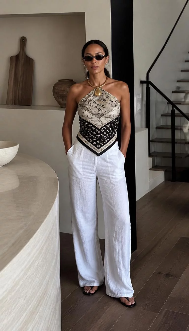 Scarf Top And White Linen Trousers A photorealistic full body shot of a 31-year-old Mixed-race woman with a diamond face, light, rounded nose, thick natural eyebrows, and thin lips. Her face features beauty mark near the lip, a few laugh lines, and subtle natural facial asymmetry. She has almond-shaped green eyes, rounded cheeks, neutral expression, relaxed. She is slim with dark brown hair in a low ponytail and is wearing a patterned scarf top, white linen trousers, black flip-flops, sunglasses, and a gold statement necklace, inside a stylish home, no people in the background, high-quality mobile photography, shot on an iPhone 14.