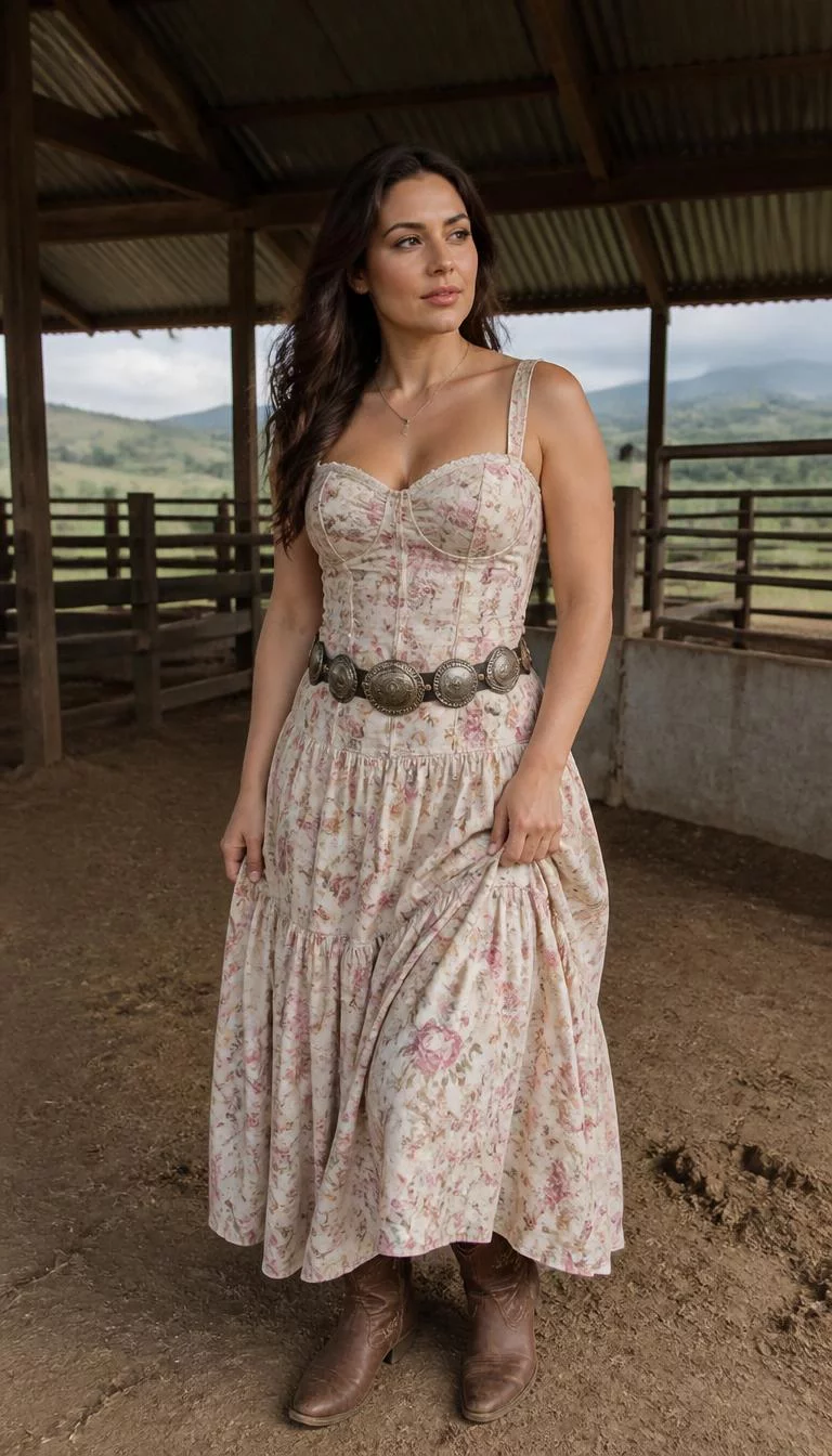 Floral Corset Maxi Dress And Western Boots A photorealistic full body shot of a 32-year-old Southern European woman with a diamond face, deep brown, button nose, straight eyebrows, and full lips. Her face features beauty mark near the lip, faint under-eye shadows, and subtle natural facial asymmetry. She has almond-shaped green eyes, rounded cheeks, broad smile, thoughtful. She is curvy build with brunette long wavy hair and is wearing a floral corset-style maxi dress with a tiered skirt, a metallic concho belt, and brown western-style boots, inside a ranch, no people in the background, high-quality mobile photography, shot on an iPhone 14.