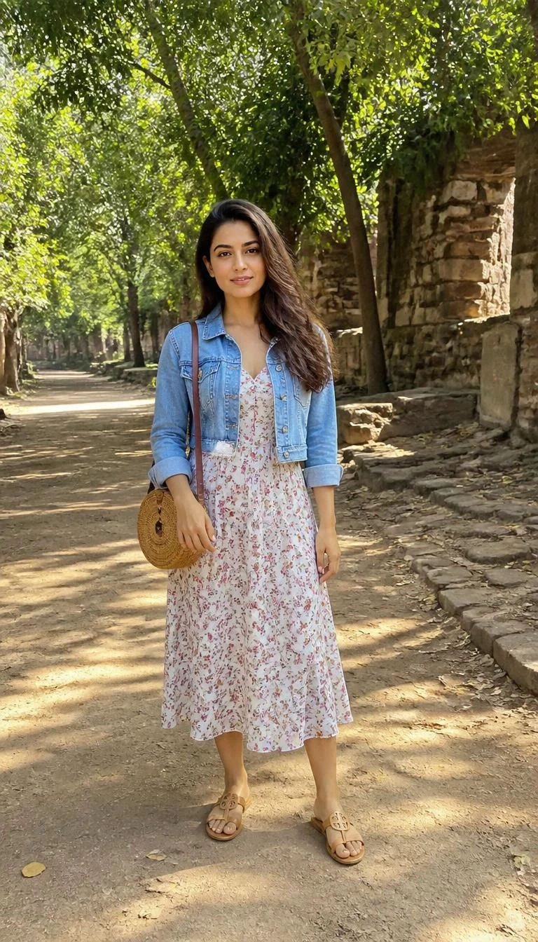Floral Midi Dress And Denim Jacket A photorealistic full body shot of a 33-year-old South Asian woman with a heart-shaped face, olive, aquiline nose, softly curved eyebrows, and heart-shaped lips. Her face features slightly crooked smile, faint under-eye shadows, and subtle natural facial asymmetry. She has deep-set blue eyes, high cheekbones, neutral expression, relaxed. She is petite with long wavy brown hair and is wearing a floral midi dress, a cropped denim jacket, and tan sandals, she carries a round straw bag, a leafy sunlit historic park, no people in the background, high-quality mobile photography, shot on an iPhone 14.