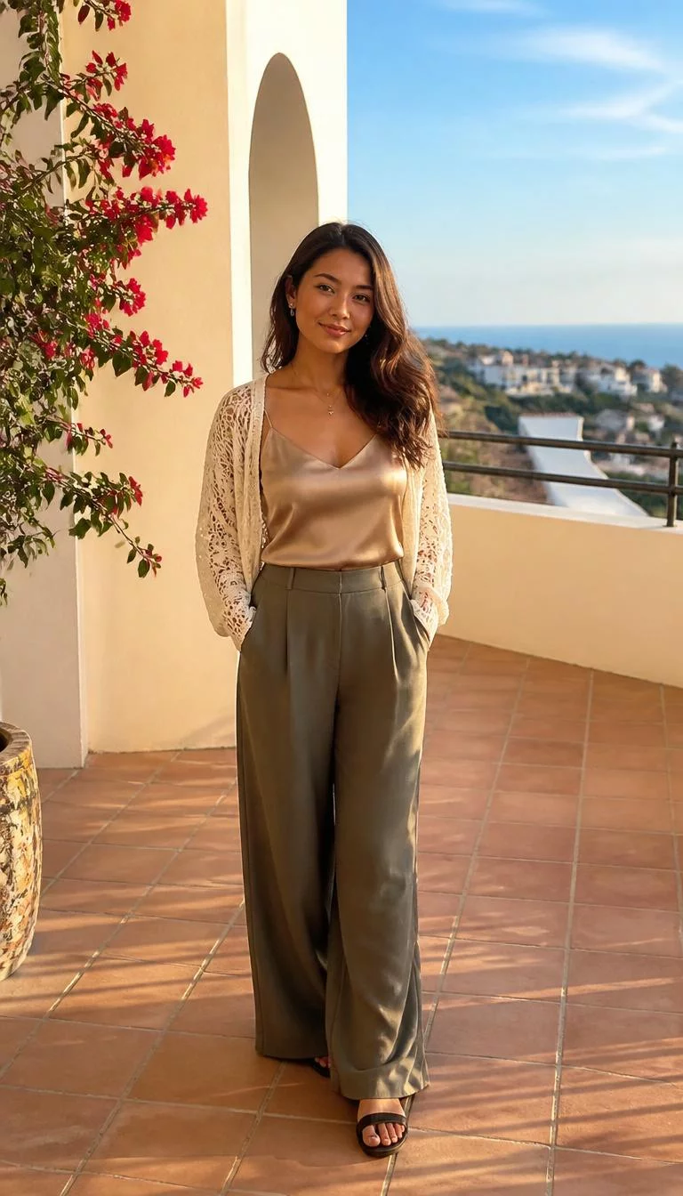 Satin Camisole And Wide Leg Trousers A photorealistic full body shot of a 35-year-old Southeast Asian woman with a heart-shaped face, dark brown, rounded nose, softly curved eyebrows, and heart-shaped lips. Her face features uneven eyebrows, faint under-eye shadows, and subtle natural facial asymmetry. She has downturned green eyes, rounded cheeks, closed-mouth smile, thoughtful. She is petite with chestnut-brown wavy hair and is wearing a beige satin camisole, a cream crochet cardigan, and olive wide-leg trousers, a sunny Mediterranean-style terrace, no people in the background, high-quality mobile photography, shot on an iPhone 14.