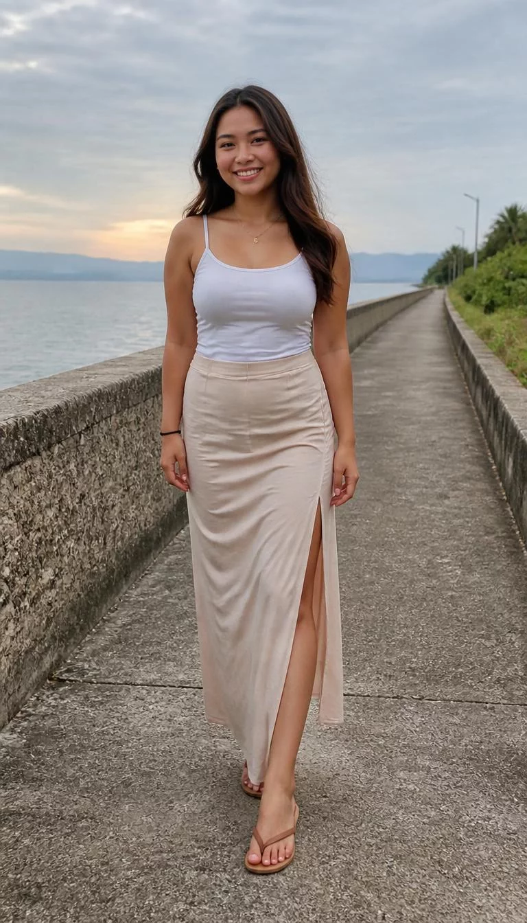 White Camisole and Beige Maxi Skirt With Split A photorealistic full body shot of a 23-year-old Southeast Asian woman with a round face, light, aquiline nose, feathered eyebrows, and full lips. Her face features uneven eyebrows, faint under-eye shadows, and subtle natural facial asymmetry. She has upturned dark brown eyes, high cheekbones, broad smile, confident. She is curvy build with long wavy brunette hair and is wearing a white camisole, a beige maxi skirt with a side split, and thong sandals, on a path near the water, no people in the background, high-quality mobile photography, shot on an iPhone 14.