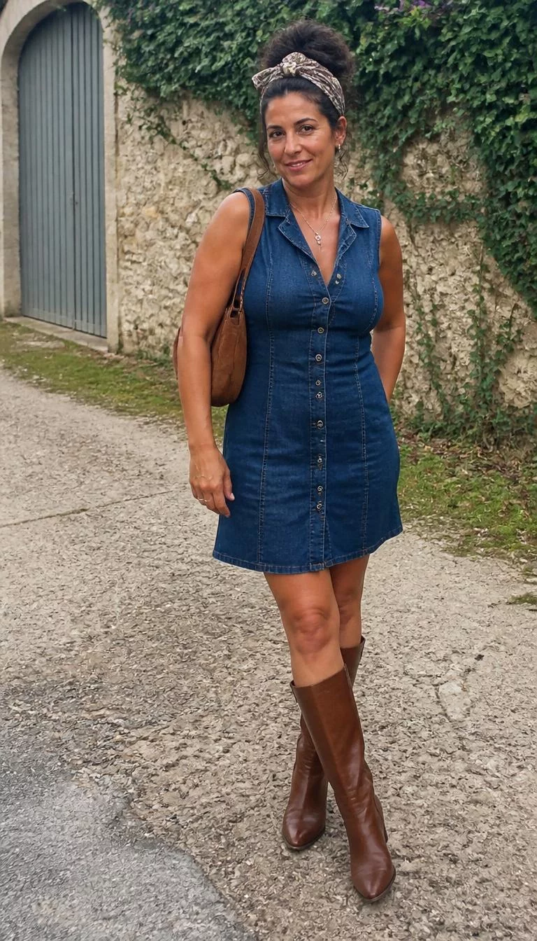 Sleeveless Denim Dress and Brown Knee High Boots A photorealistic full body shot of a 45-year-old Mediterranean woman with a pear-shaped face, deep brown, button nose, feathered eyebrows, and wide lips. Her face features uneven eyebrows, visible pores, and subtle natural facial asymmetry. She has round green eyes, pronounced cheekbones, closed-mouth smile, playful. She is curvy build with brunette hair in a messy bun with a silk scarf and is wearing a sleeveless denim dress, brown knee-high boots, and carrying a suede bag, outdoors, no people in the background, high-quality mobile photography, shot on an iPhone 14.