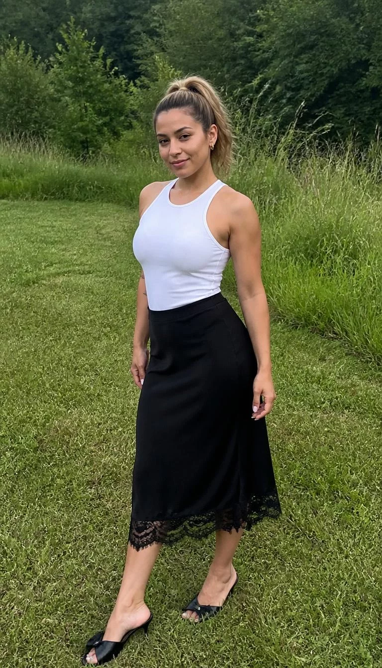 Sleeveless White Racerback Top and Black Midi Skirt A photorealistic full body shot of a 25-year-old Latina woman with a square face, deep brown, rounded nose, straight eyebrows, and thin lips. Her face features widow's peak hairline, a few laugh lines, and subtle natural facial asymmetry. She has hooded dark brown eyes, pronounced cheekbones, subtle smile, playful. She is petite with blonde hair in a high ponytail and is wearing a sleeveless white racerback top, a black midi skirt with lace trim, and black mule heels, standing in a grassy outdoor area, no people in the background, high-quality mobile photography, shot on an iPhone 14.