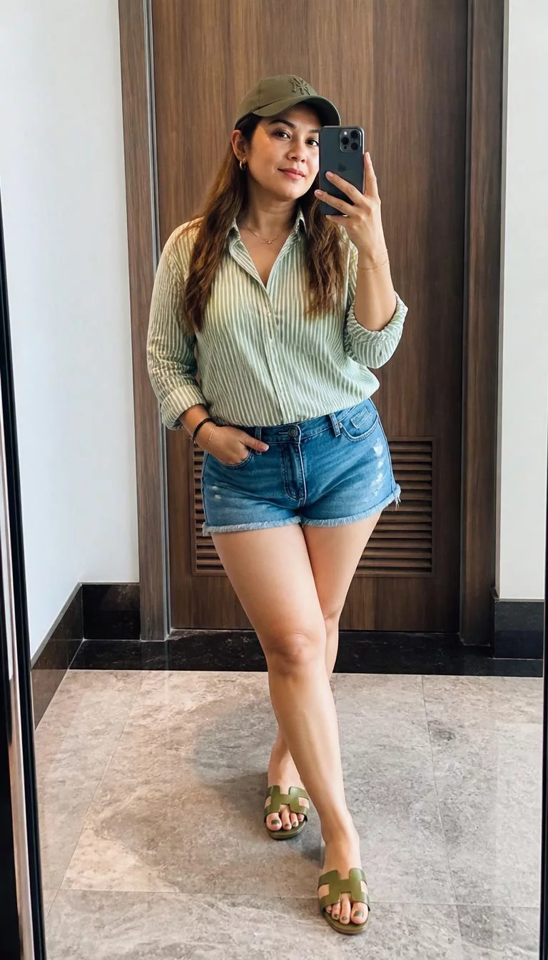 Green Striped Button Down and Denim Shorts A photorealistic full body shot of a 43-year-old Southeast Asian woman with a round face, light, narrow nose, softly curved eyebrows, and heart-shaped lips. Her face features small scar on the eyebrow, faint under-eye shadows, and subtle natural facial asymmetry. She has hooded blue eyes, soft cheekbones, neutral expression, playful. She is athletic build with long brown hair and is wearing a green striped button-down shirt, denim shorts, a green cap, and green flat sandals, posing in a mirror, no people in the background, high-quality mobile photography, shot on an iPhone 14.