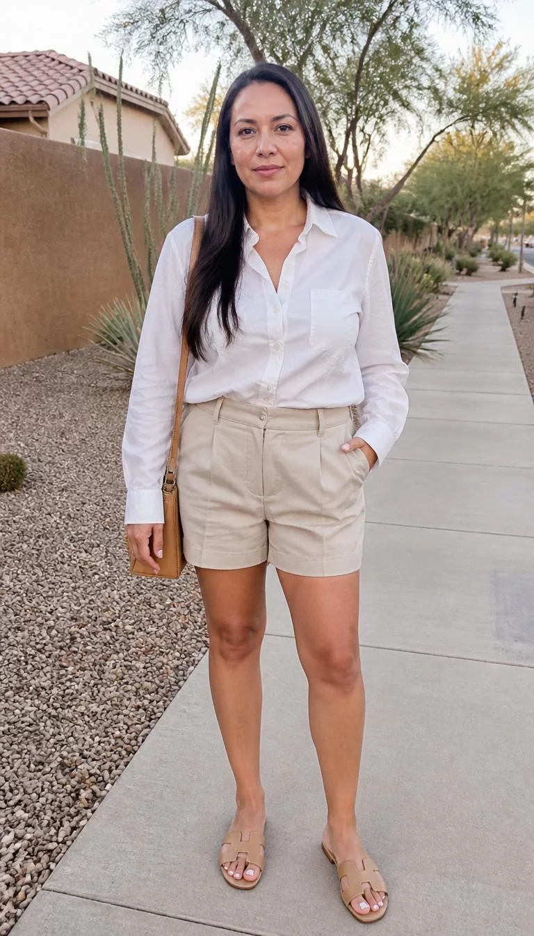 White Button Down and Beige Tailored Shorts A photorealistic full body shot of a 41-year-old Latina woman with a oval face, light, broad nose, straight eyebrows, and wide lips. Her face features dimples, subtle acne marks, and subtle natural facial asymmetry. She has hooded hazel eyes, pronounced cheekbones, neutral expression, cheerful. She is average build with long straight dark hair and is wearing a crisp white button-down shirt, beige tailored shorts, a tan handbag, and slide sandals, in a desert-style suburban setting, no people in the background, high-quality mobile photography, shot on an iPhone 14.