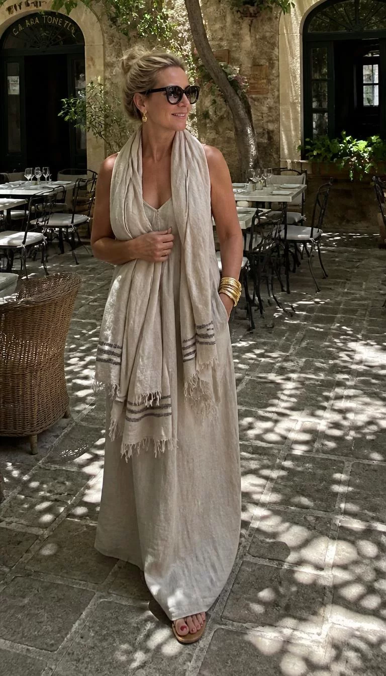 Beige Linen Maxi Dress and Oversized Scarf A photorealistic full body shot of a 46-year-old Latina woman with a square face, fair, aquiline nose, straight eyebrows, and thin lips. Her face features uneven eyebrows, a few laugh lines, and subtle natural facial asymmetry. She has upturned blue eyes, high cheekbones, broad smile, thoughtful. She is curvy build with blonde hair in a loose bun and is wearing a beige linen maxi dress, an oversized beige scarf, dark sunglasses, and stacked gold bracelets, at an outdoor cafe, no people in the background, high-quality mobile photography, shot on an iPhone 14.