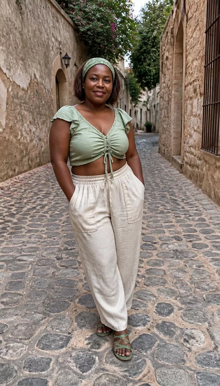 Sage Ruffle Top and Loose Linen Trousers A photorealistic full body shot of a 48-year-old Black African woman with a square face, dark brown, broad nose, softly curved eyebrows, and wide lips. Her face features small scar on the eyebrow, subtle acne marks, and subtle natural facial asymmetry. She has monolid green eyes, soft cheekbones, subtle smile, cheerful. She is petite with brunette hair wearing a green bandana with a sage green ruffle-tie crop top, loose beige linen trousers, and flat green sandals, on a stone street, no people in the background, high-quality mobile photography, shot on an iPhone 14.