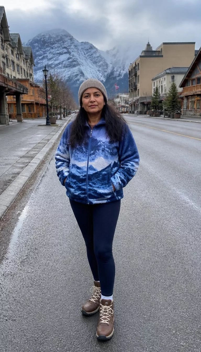 Mountain Print Fleece And Beige Beanie A photorealistic full body shot of a 45-year-old South Asian woman with a oblong face, light, rounded nose, softly curved eyebrows, and full lips. Her face features uneven eyebrows, a few laugh lines, and subtle natural facial asymmetry. She has deep-set gray eyes, rounded cheeks, neutral expression, thoughtful. She is curvy build with long dark hair hair and is wearing a beige beanie, a blue mountain-print fleece jacket, dark leggings, and brown boots stands in the middle of a town street, no people in the background, high-quality mobile photography, shot on an iPhone 14.