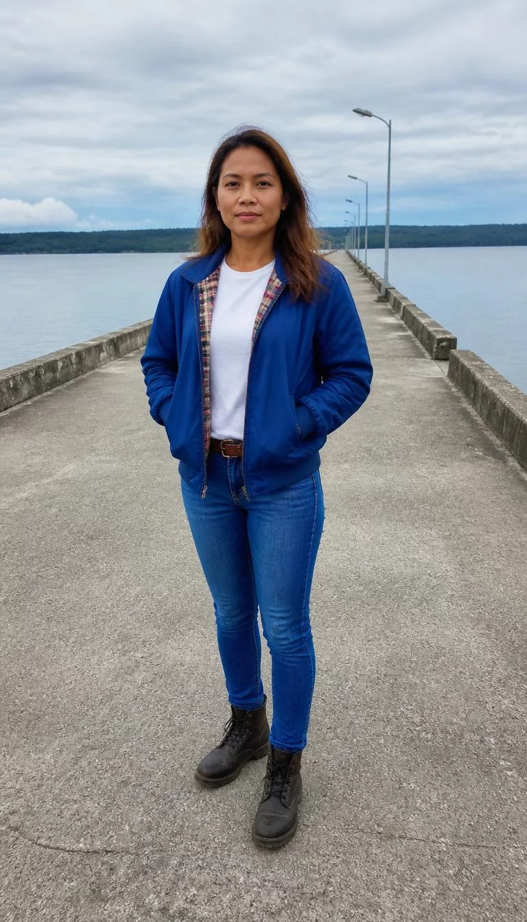 Blue Bomber Jacket And Dark Boots On The Pier A photorealistic full body shot of a 35-year-old Southeast Asian woman with a oval face, tan, broad nose, thick natural eyebrows, and thin lips. Her face features small scar on the eyebrow, a few laugh lines, and subtle natural facial asymmetry. She has upturned dark brown eyes, high cheekbones, neutral expression, confident. She is average build with brown hair hair and is wearing a white shirt under a blue bomber jacket with a plaid lining, paired with blue jeans, a belt, and dark boots on a pier, no people in the background, high-quality mobile photography, shot on an iPhone 14.