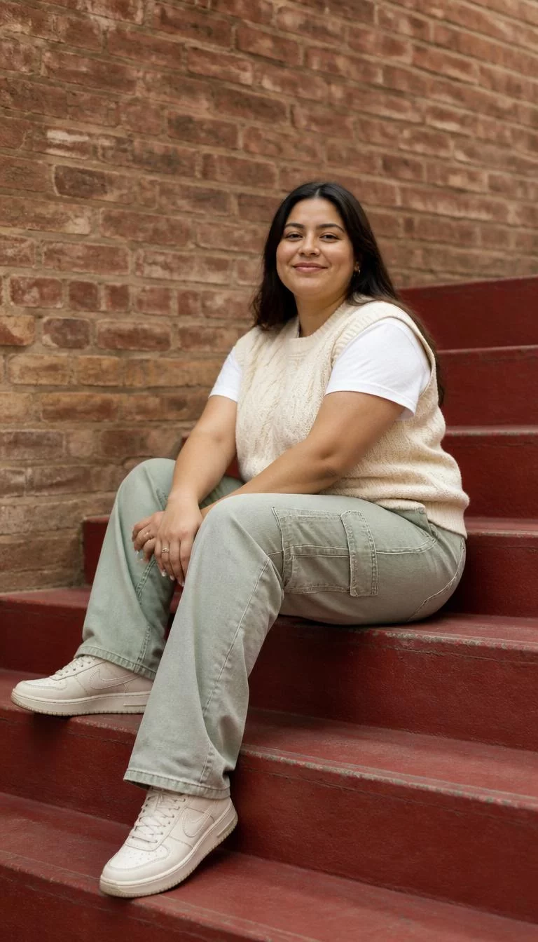 Beige Sweater Vest And Cargo Jeans A photorealistic full body shot of a 35-year-old Latina woman with a square face, tan, aquiline nose, straight eyebrows, and wide lips. Her face features dimples, a few laugh lines, and subtle natural facial asymmetry. She has round amber eyes, high cheekbones, closed-mouth smile, cheerful. She is curvy build with dark hair in a center part hair and is wearing a beige sweater vest, white t-shirt, and cargo jeans, sitting on red stairs in front of a brick wall, no people in the background, high-quality mobile photography, shot on an iPhone 14.