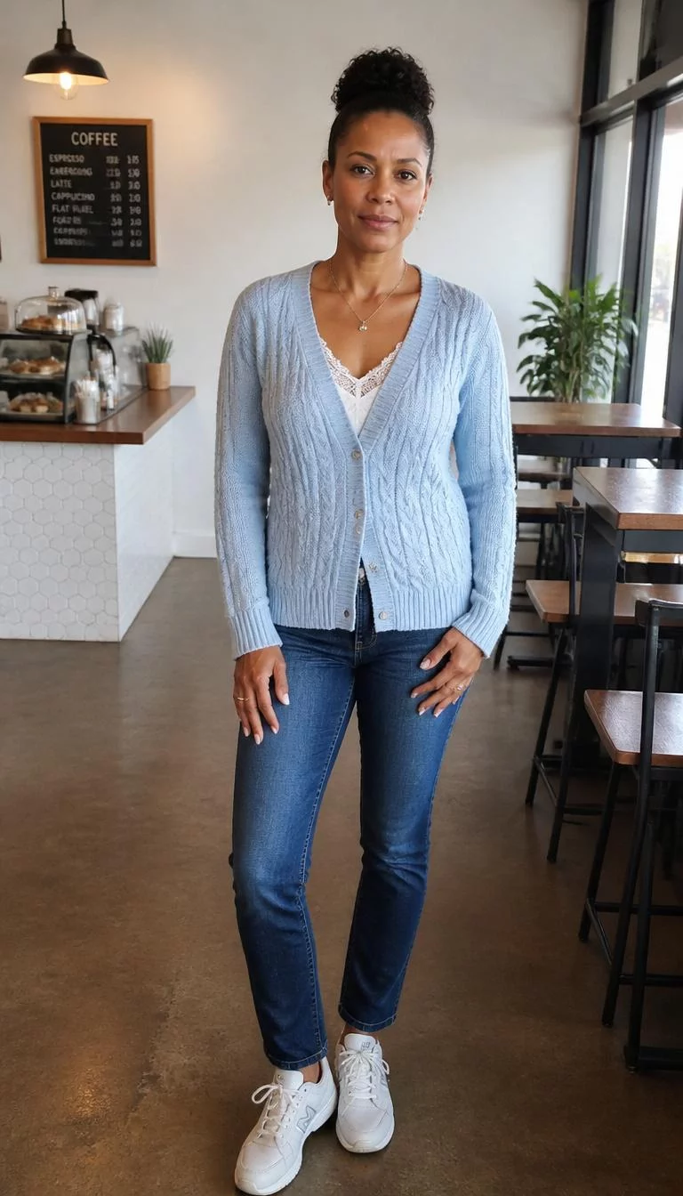 Pale Blue Cardigan And Lace Top A photorealistic full body shot of a 49-year-old Afro-Caribbean woman with a oblong face, deep brown, upturned nose, softly curved eyebrows, and heart-shaped lips. Her face features widow's peak hairline, faint under-eye shadows, and subtle natural facial asymmetry. She has upturned brown eyes, pronounced cheekbones, neutral expression, relaxed. She is athletic build with dark brown hair in an elegant high bun hair and is wearing a pale blue cable-knit cardigan over a white lace top, blue jeans, and sneakers at a cafe, no people in the background, high-quality mobile photography, shot on an iPhone 14.