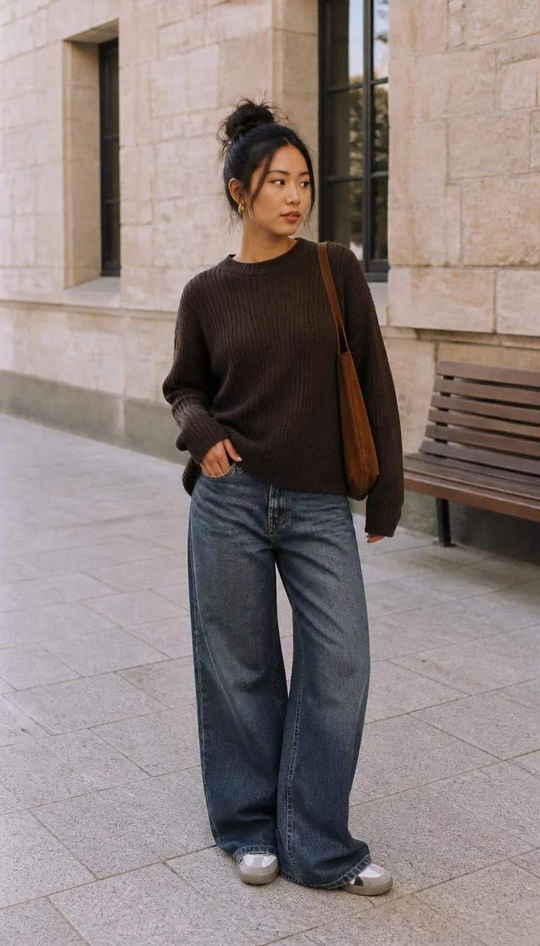 Chocolate Brown Sweater And Wide Leg Jeans A photorealistic full body shot of a 29-year-old East Asian woman with a diamond face, tan, narrow nose, softly curved eyebrows, and wide lips. Her face features faint freckles across the nose, slightly flushed cheeks, and subtle natural facial asymmetry. She has deep-set dark brown eyes, rounded cheeks, neutral expression, playful. She is average build with dark brown hair in a messy bun hair and is wearing a chocolate brown sweater, wide-leg blue jeans, a suede bag, and sneakers, standing outdoors near a stone building, no people in the background, high-quality mobile photography, shot on an iPhone 14.