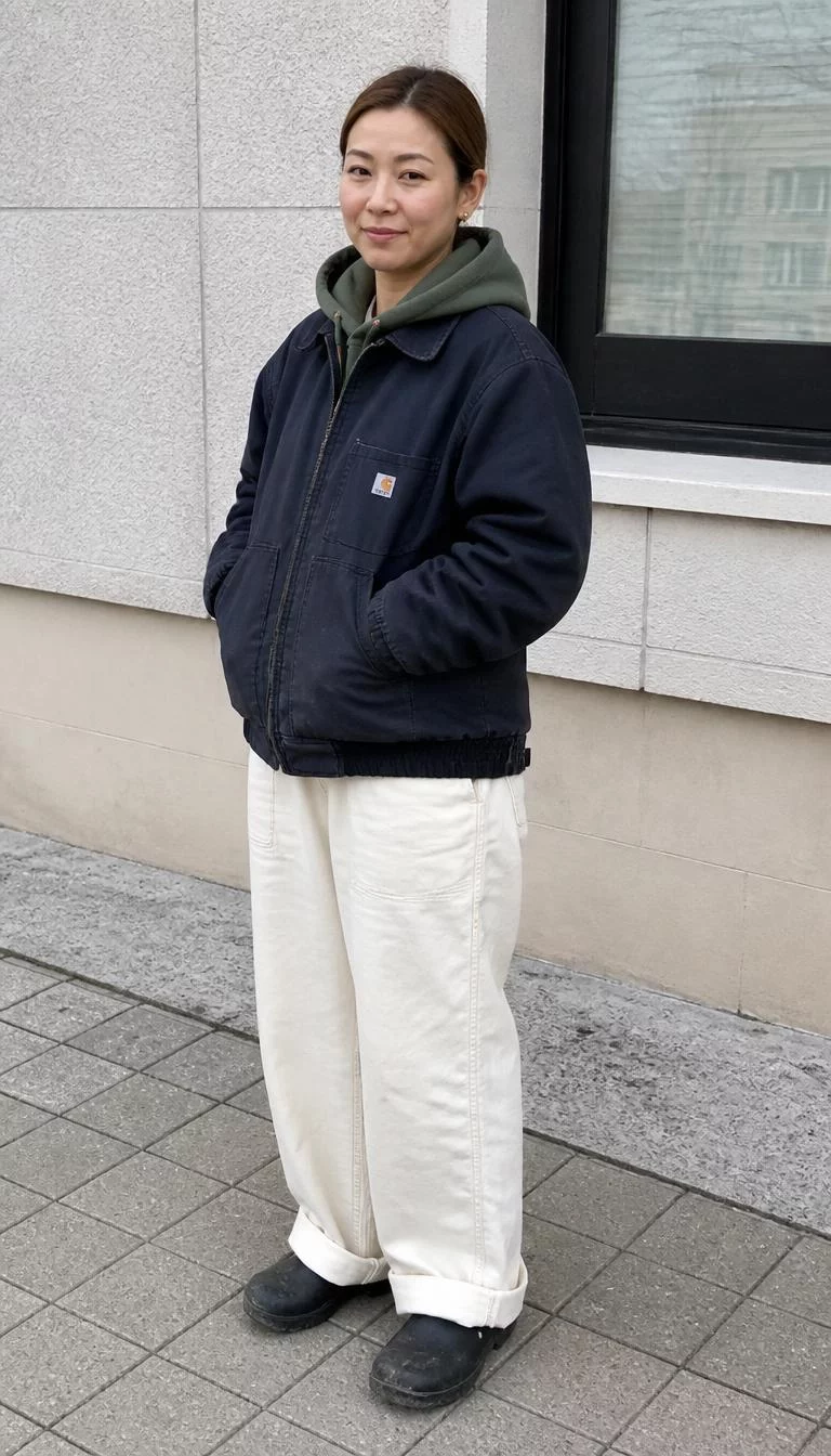 Carhartt Jacket And White Baggy Trousers A photorealistic full body shot of a 40-year-old East Asian woman with a heart-shaped face, fair, aquiline nose, straight eyebrows, and thin lips. Her face features uneven eyebrows, faint under-eye shadows, and subtle natural facial asymmetry. She has downturned green eyes, rounded cheeks, subtle smile, cheerful. She is curvy build with light brown hair in a sleek bun hair and is wearing a dark blue Carhartt work jacket over a green hoodie, white baggy trousers, and dark clogs on a sidewalk, no people in the background, high-quality mobile photography, shot on an iPhone 14.