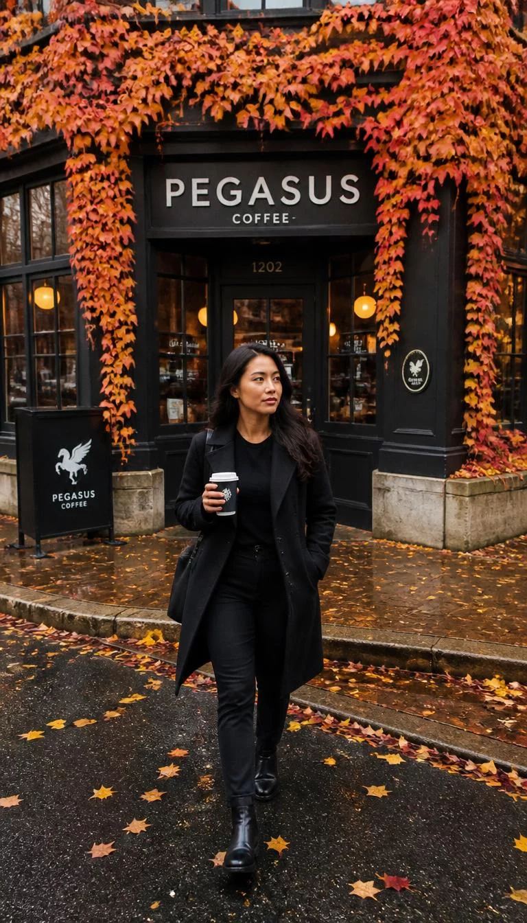 Black Coat And Autumn Ivy A photorealistic full body shot of a 31-year-old Southeast Asian woman with a oblong face, tan, rounded nose, thin arched eyebrows, and full lips. Her face features widow's peak hairline, a few laugh lines, and subtle natural facial asymmetry. She has almond-shaped brown eyes, high cheekbones, neutral expression, relaxed. She is curvy build with dark hair hair and is wearing a black coat, black pants, and shoes, seen walking toward a Pegasus Coffee shop front covered in autumn ivy and orange leaves, no people in the background, high-quality mobile photography, shot on an iPhone 14.