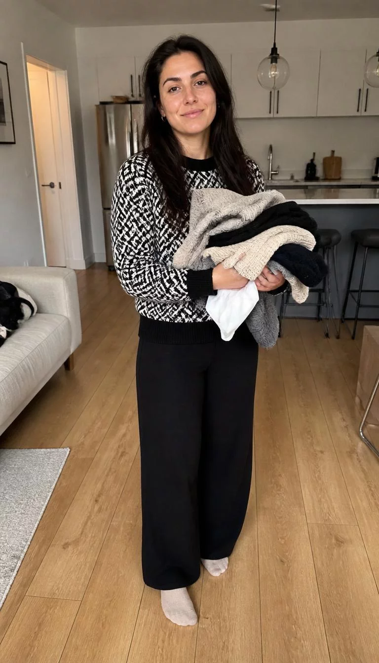Patterned Sweater And Black Pants A photorealistic full body shot of a 33-year-old Mediterranean woman with a oval face, deep brown, narrow nose, thick natural eyebrows, and wide lips. Her face features faint freckles across the nose, visible pores, and subtle natural facial asymmetry. She has deep-set gray eyes, rounded cheeks, neutral expression, cheerful. She is petite with dark hair hair and is wearing a black and white patterned sweater and black pants while holding a pile of clothes, standing in a kitchen-living room area, no people in the background, high-quality mobile photography, shot on an iPhone 14.