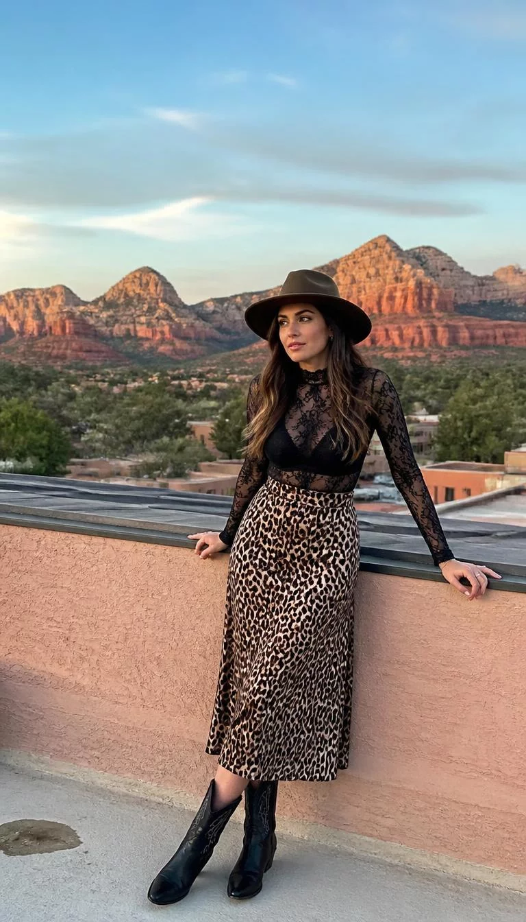 Sedona Mountain View Group Style A photorealistic full body shot of a 34-year-old Middle Eastern woman with a oval face, light, aquiline nose, feathered eyebrows, and thin lips. Her face features small scar on the eyebrow, slightly flushed cheeks, and subtle natural facial asymmetry. She has downturned green eyes, high cheekbones, neutral expression, thoughtful. She is slim with brown hair wearing lace, leopard print, western hats, skirts, trousers, and jumpsuits hair and is wearing a lace top, leopard print skirt, western hat, and boots, a rooftop overlooking Sedona’s mountains, no people in the background, high-quality mobile photography, shot on an iPhone 14.