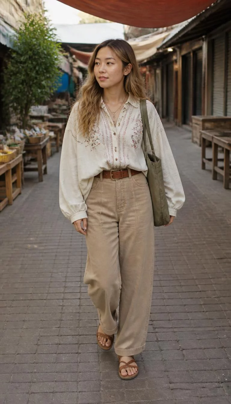 Embroidered Blouse And Tan Wide Leg Trousers A photorealistic full body shot of a 26-year-old East Asian woman with a round face, golden brown, narrow nose, softly curved eyebrows, and heart-shaped lips. Her face features beauty mark near the lip, visible pores, and subtle natural facial asymmetry. She has deep-set blue eyes, rounded cheeks, subtle smile, thoughtful. She is petite with golden-brown wavy hair hair and is wearing an oversized embroidered blouse, tan wide-leg trousers, a brown belt, and sandals, walk through an outdoor market, no people in the background, high-quality mobile photography, shot on an iPhone 14.