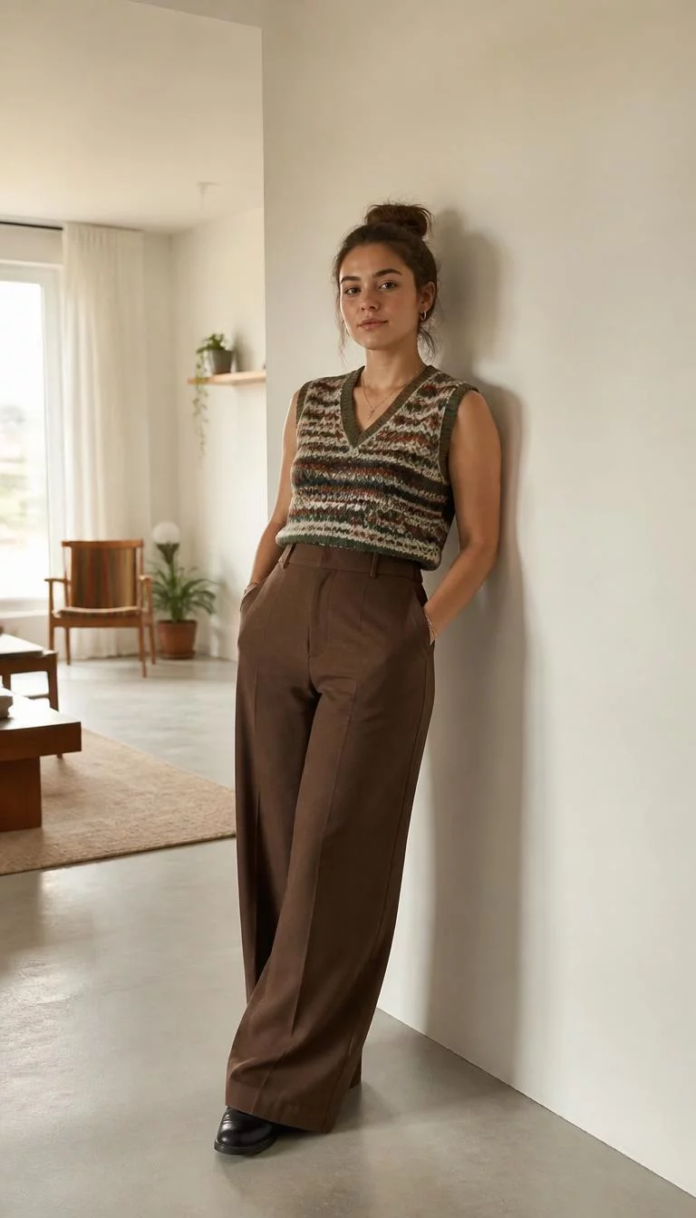 Patterned Knit Vest And Brown Trousers A photorealistic full body shot of a 24-year-old Northern European woman with a round face, dark brown, button nose, thick natural eyebrows, and wide lips. Her face features faint freckles across the nose, a few laugh lines, and subtle natural facial asymmetry. She has upturned amber eyes, rounded cheeks, neutral expression, confident. She is average build with brown hair messy bun hair and is wearing a patterned knit sweater vest and wide-leg brown trousers, leaning against a neutral wall in a minimalist, sunlit living space, no people in the background, high-quality mobile photography, shot on an iPhone 14.