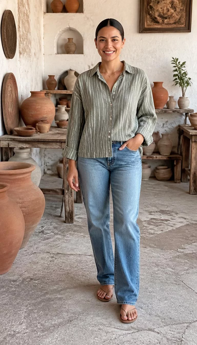 Olive Button Down And Straight Leg Jeans A photorealistic full body shot of a 34-year-old Latina woman with a round face, deep brown, button nose, thick natural eyebrows, and full lips. Her face features faint freckles across the nose, light freckles, and subtle natural facial asymmetry. She has round brown eyes, soft cheekbones, broad smile, cheerful. She is slim with brown hair slicked-back hair and is wearing a striped olive button-down, straight-leg denim jeans, and flip-flops, artistic setting decorated with rustic Mediterranean clay pottery, no people in the background, high-quality mobile photography, shot on an iPhone 14.