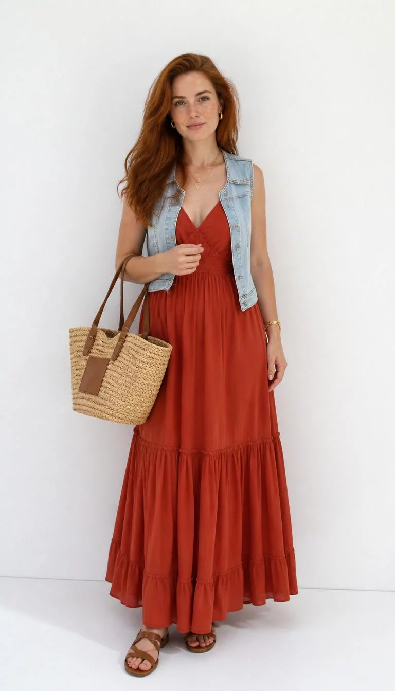 Rust Maxi Dress And Denim Vest A photorealistic full body shot of a 30-year-old Eastern European woman with a heart-shaped face, light, button nose, softly curved eyebrows, and wide lips. Her face features faint freckles across the nose, light freckles, and subtle natural facial asymmetry. She has deep-set amber eyes, high cheekbones, subtle smile, thoughtful. She is average build with rust colored long hair and is wearing a rust-colored maxi dress, denim vest, woven straw tote, leather sandals, and gold jewelry, set against a plain, solid white background, no people in the background, high-quality mobile photography, shot on an iPhone 14.