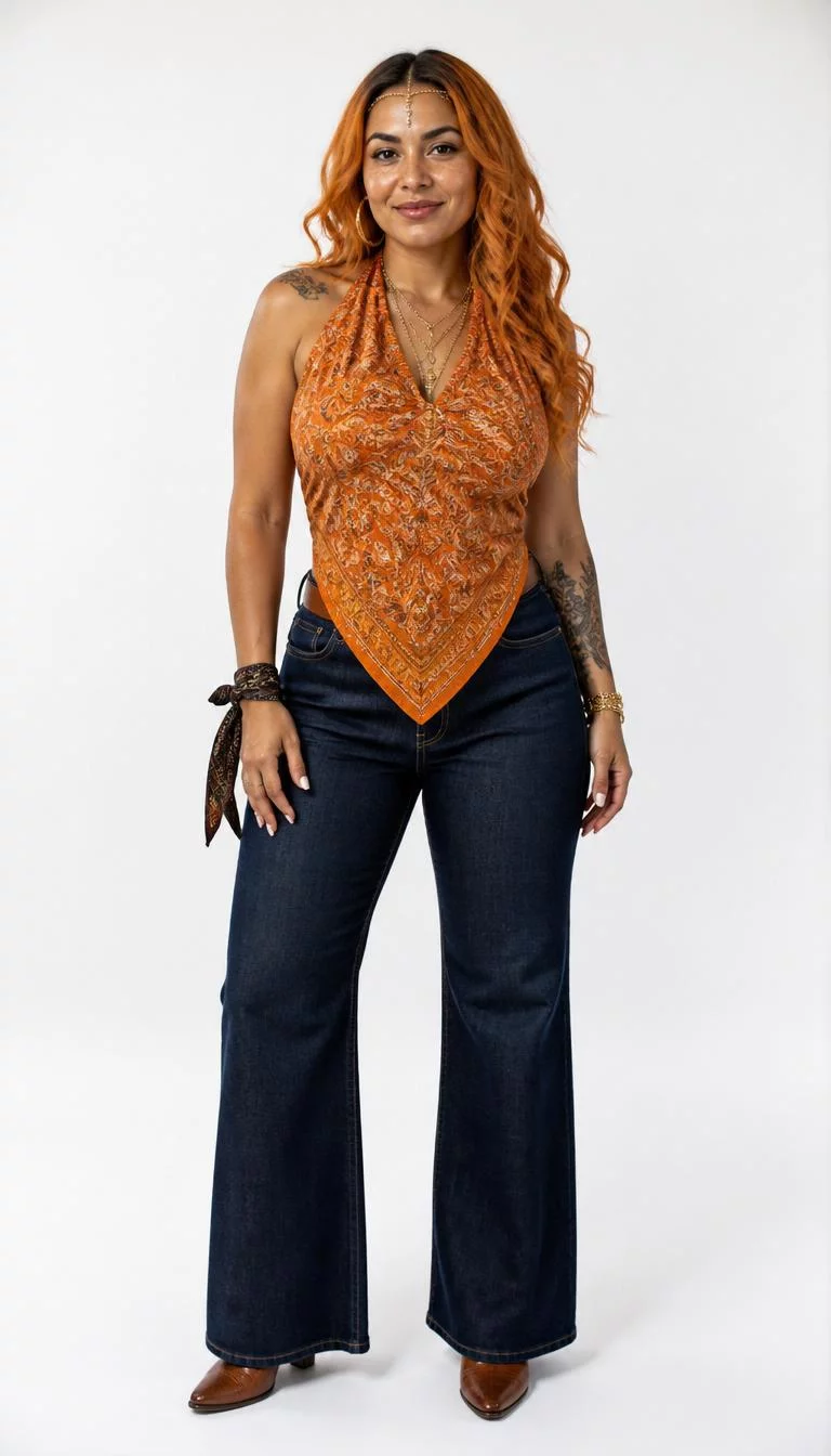 Paisley Halter And Dark Wash Denim A photorealistic full body shot of a 37-year-old Latina woman with a pear-shaped face, olive, narrow nose, straight eyebrows, and wide lips. Her face features dimples, light freckles, and subtle natural facial asymmetry. She has deep-set amber eyes, pronounced cheekbones, closed-mouth smile, confident. She is athletic build with orange paisley long hair and is wearing a orange paisley halter top, dark-wash wide-leg jeans, and brown leather ankle boots, accessorized with gold jewelry, a wrap bracelet, and a delicate headpiece, white background, no people in the background, high-quality mobile photography, shot on an iPhone 14.