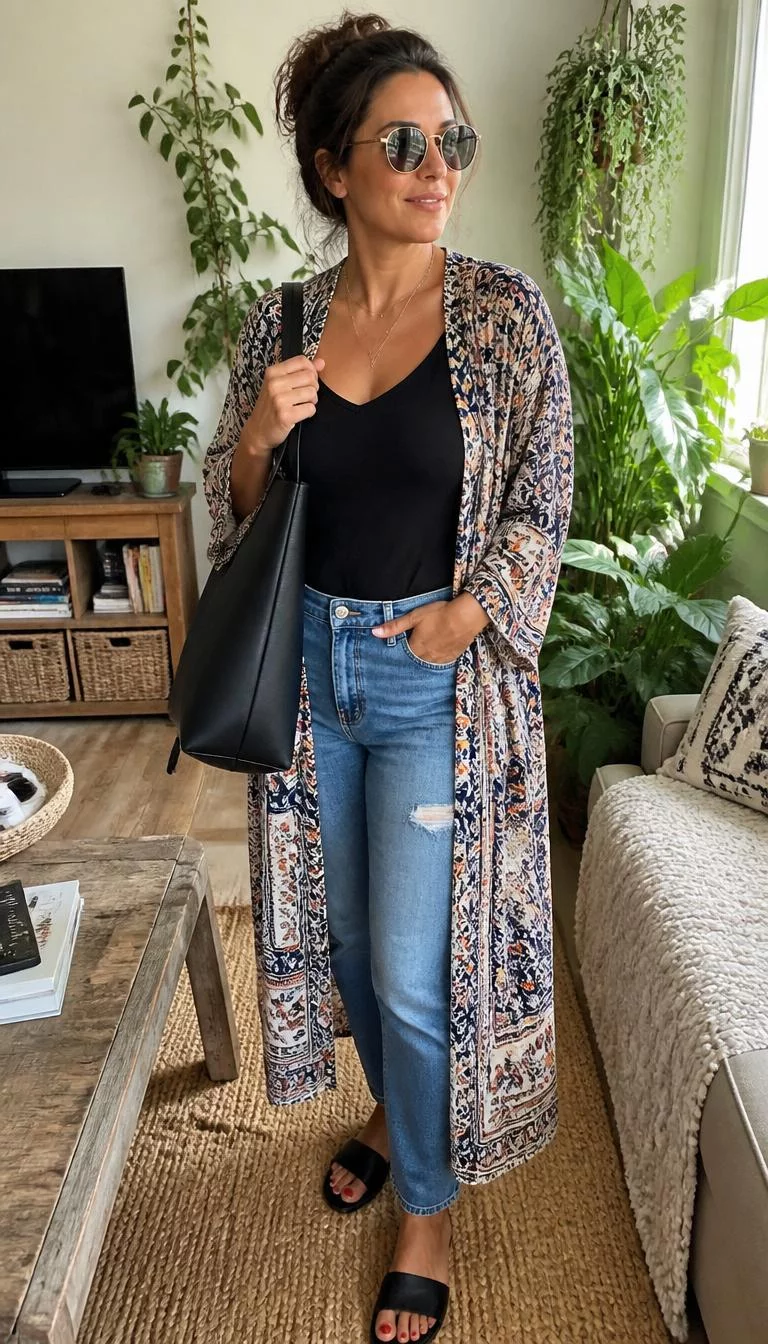 Patterned Duster And Blue Jeans A photorealistic full body shot of a 42-year-old Mediterranean woman with a heart-shaped face, light, upturned nose, thin arched eyebrows, and full lips. Her face features small scar on the eyebrow, faint under-eye shadows, and subtle natural facial asymmetry. She has round gray eyes, rounded cheeks, subtle smile, thoughtful. She is curvy build with brunet hair messy updo hair and is wearing sunglasses, a patterned duster over a black top and blue jeans, with a black tote, standing in a sunlit, plant-filled living room, no people in the background, high-quality mobile photography, shot on an iPhone 14.