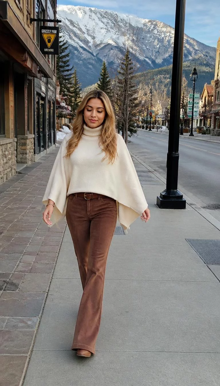 Cream Poncho And Suede Flared Pants A photorealistic full body shot of a 29-year-old South Asian woman with a oval face, light, narrow nose, thin arched eyebrows, and thin lips. Her face features widow's peak hairline, subtle acne marks, and subtle natural facial asymmetry. She has hooded brown eyes, high cheekbones, neutral expression, cheerful. She is athletic build with blonde hair wavy loose hair and is wearing a cream mock-neck poncho over brown suede flared pants and a leather belt, walking on a mountain town street background, no people in the background, high-quality mobile photography, shot on an iPhone 14.