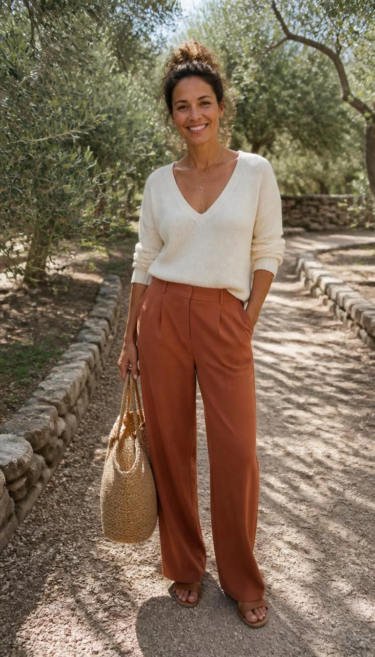V-Neck Sweater And Rust Trousers A photorealistic full body shot of a 46-year-old Mixed-race woman with a oblong face, dark brown, aquiline nose, straight eyebrows, and wide lips. Her face features faint freckles across the nose, visible pores, and subtle natural facial asymmetry. She has almond-shaped dark brown eyes, high cheekbones, broad smile, relaxed. She is athletic build with brunette messy-updo hair hair and is wearing a cream V-neck sweater, rust-colored wide-leg trousers, and sandals in a sunny, rustic olive grove with stone borders, carrying a straw bag, no people in the background, high-quality mobile photography, shot on an iPhone 14.
