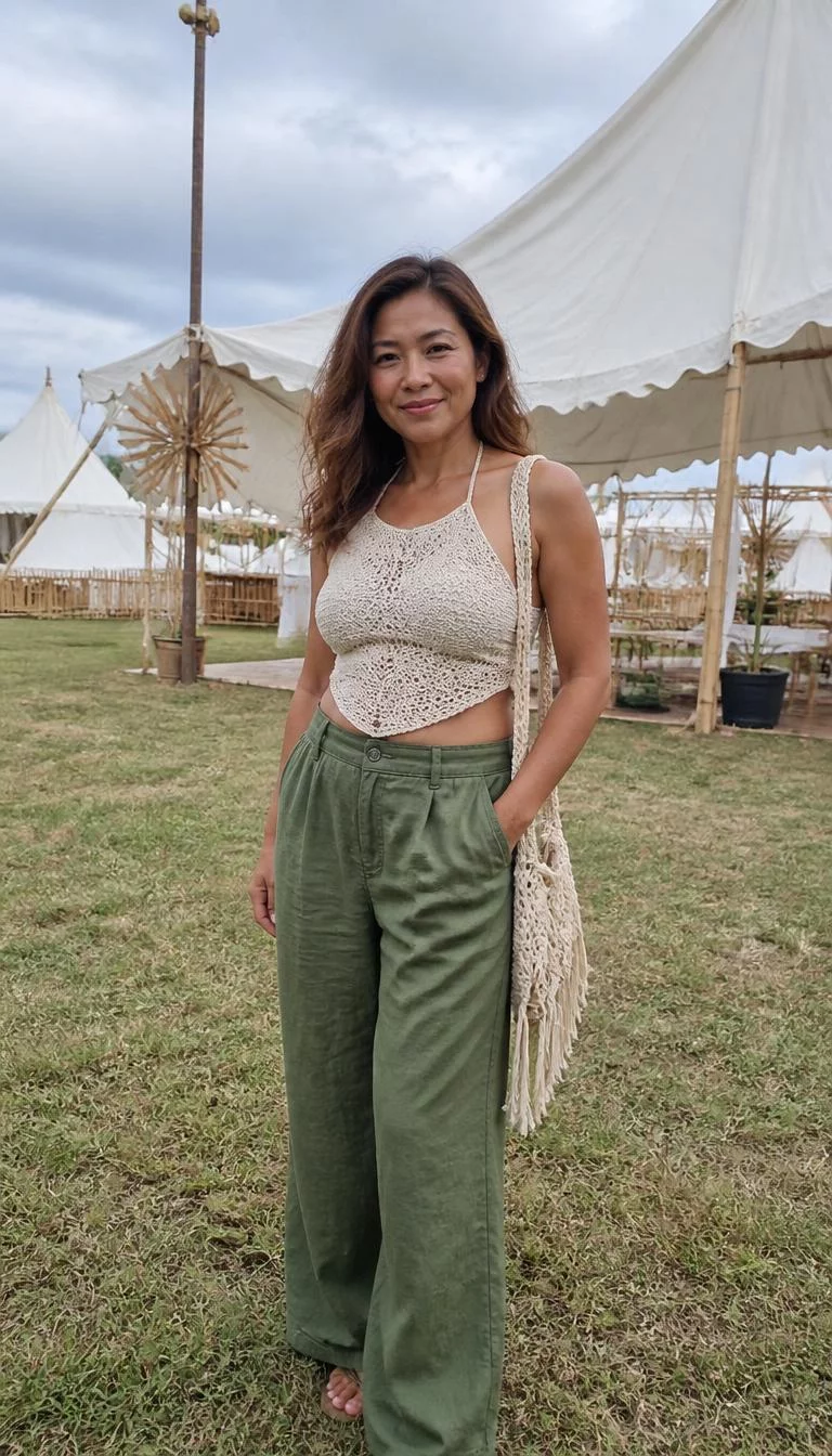 Crochet Halter Top And Olive Trousers A photorealistic full body shot of a 45-year-old Southeast Asian woman with a oblong face, tan, narrow nose, thin arched eyebrows, and wide lips. Her face features faint freckles across the nose, light freckles, and subtle natural facial asymmetry. She has downturned gray eyes, rounded cheeks, subtle smile, cheerful. She is average build with brown layered hair and is wearing a cream crochet halter top, olive green wide-leg trousers, and a fringed macramé bag, festival-like setting with white tents, no people in the background, high-quality mobile photography, shot on an iPhone 14.