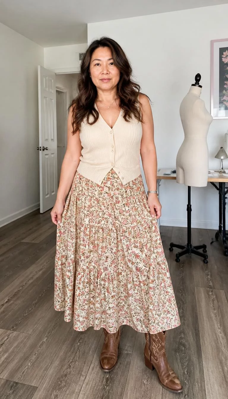 Floral Tiered Maxi Skirt And Ribbed Vest A photorealistic full body shot of a 49-year-old East Asian woman with a round face, deep brown, upturned nose, thick natural eyebrows, and wide lips. Her face features faint freckles across the nose, faint under-eye shadows, and subtle natural facial asymmetry. She has hooded brown eyes, soft cheekbones, neutral expression, cheerful. She is curvy build with brunette long layered wavy hair and is wearing a cream ribbed button-down vest, a floral tiered maxi skirt, and brown cowboy boots, a room with a dress form, no people in the background, high-quality mobile photography, shot on an iPhone 14.