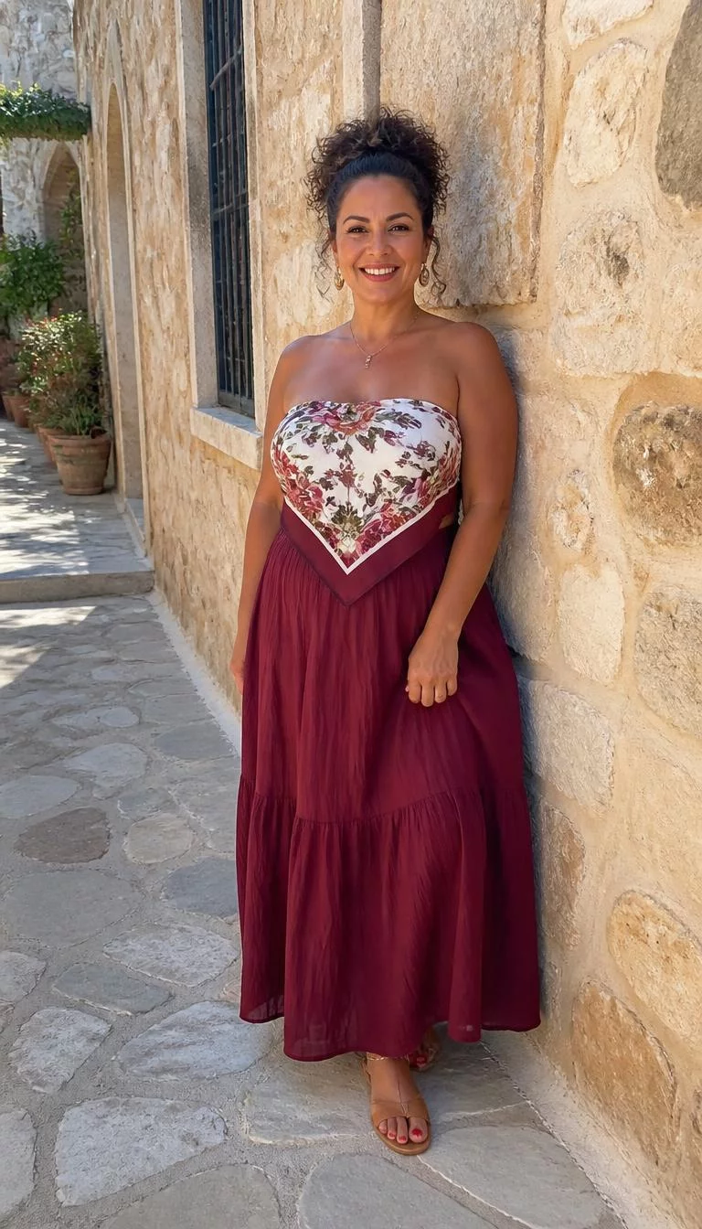 Bandana Top And Maroon Maxi Skirt A photorealistic full body shot of a 45-year-old Latina woman with a oval face, olive, broad nose, softly curved eyebrows, and wide lips. Her face features faint freckles across the nose, light freckles, and subtle natural facial asymmetry. She has deep-set blue eyes, pronounced cheekbones, broad smile, cheerful. She is curvy build with curly dark brown hair in an updo hair and is wearing a floral bandana top, a maroon maxi skirt, and sandals, sunlit stone wall in a Mediterranean setting, no people in the background, high-quality mobile photography, shot on an iPhone 14.